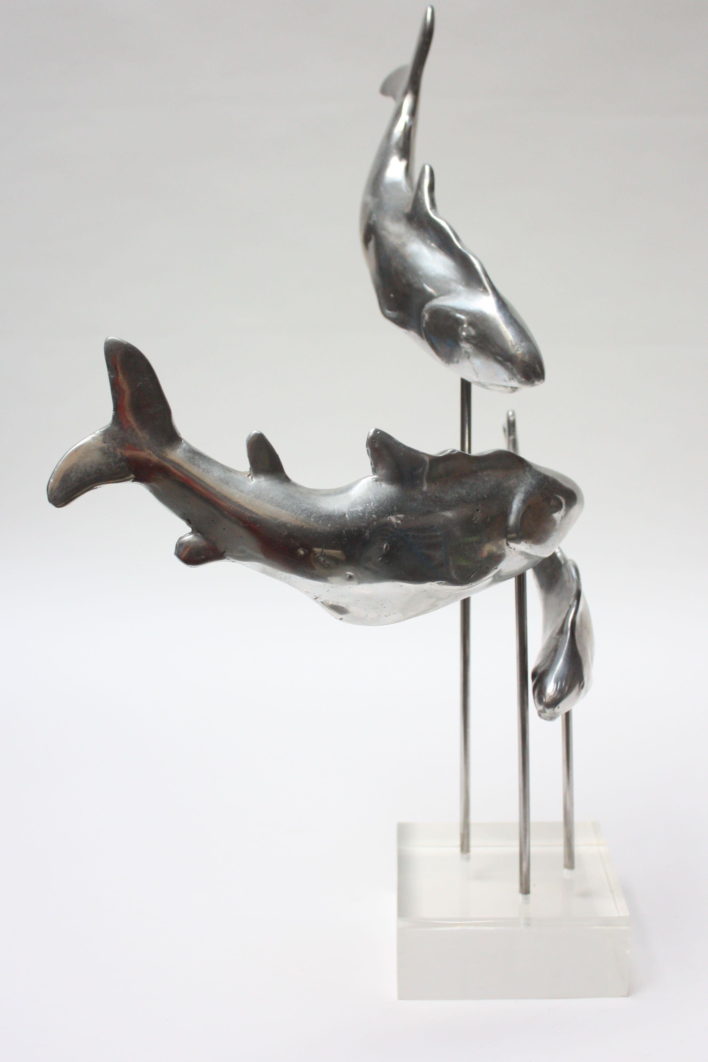 Mid-Century Modern Aluminum and Lucite Trio of Sharks Sculpture For Sale
