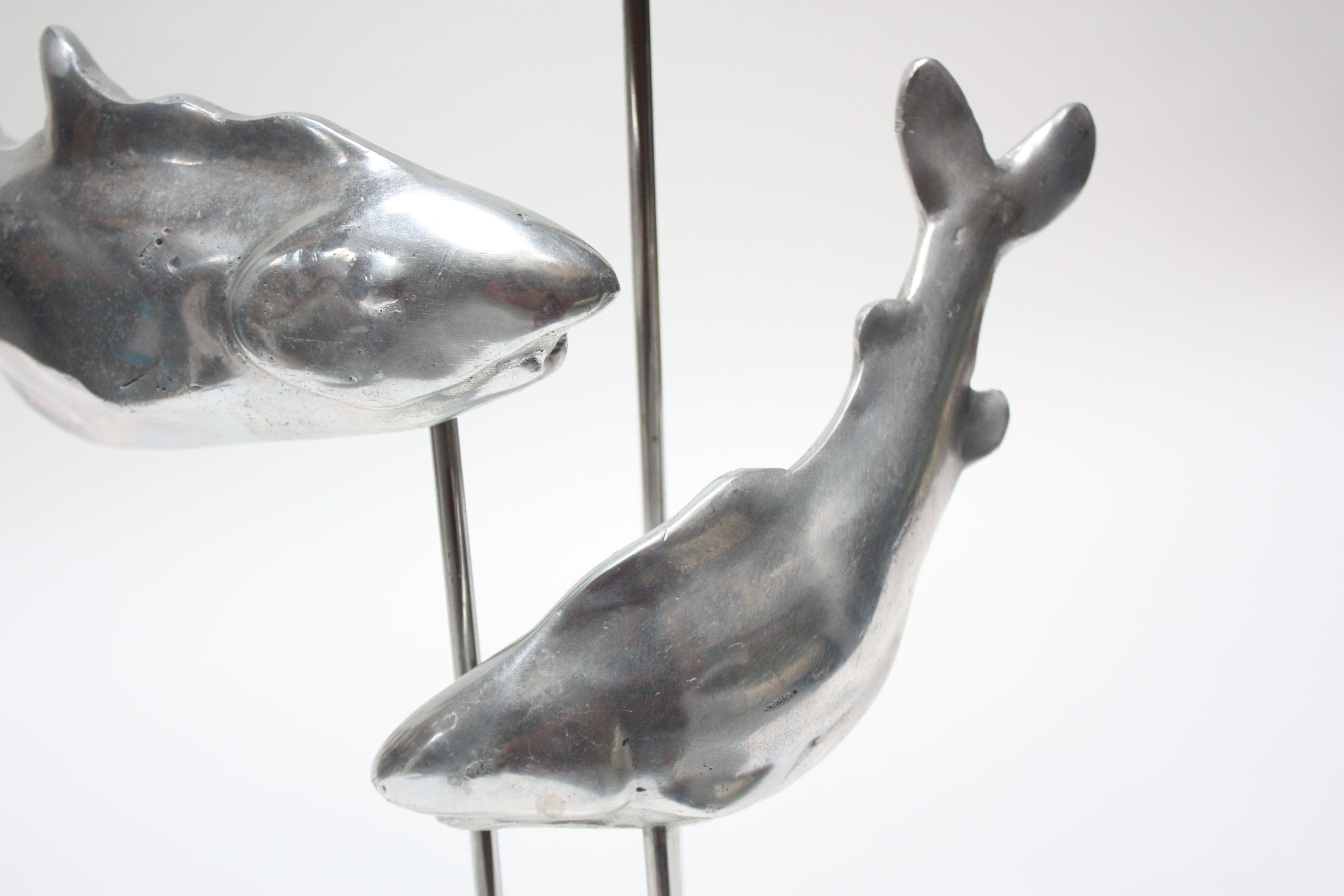 North American Aluminum and Lucite Trio of Sharks Sculpture For Sale