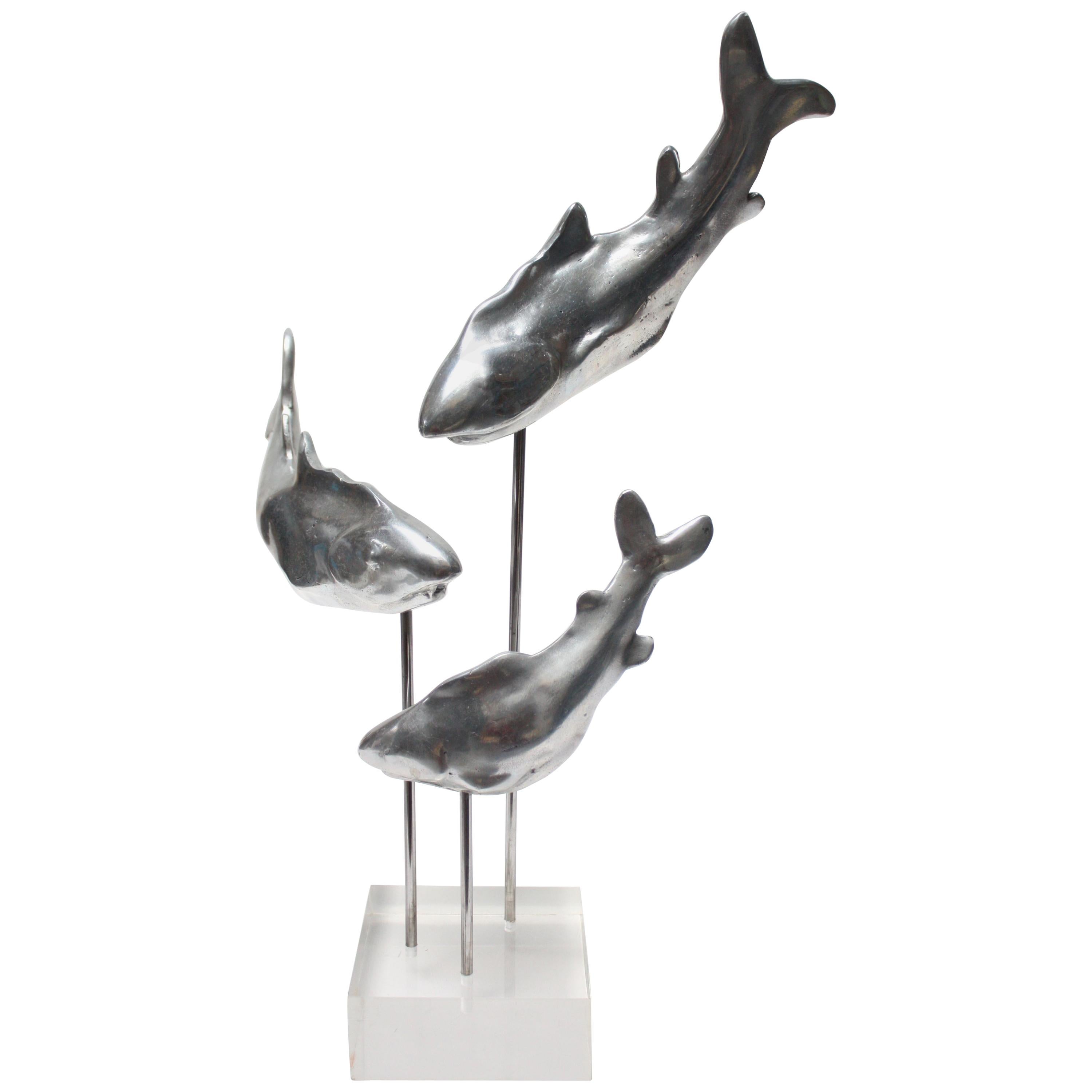 Aluminum and Lucite Trio of Sharks Sculpture For Sale