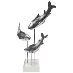 Aluminum and Lucite Trio of Sharks Sculpture