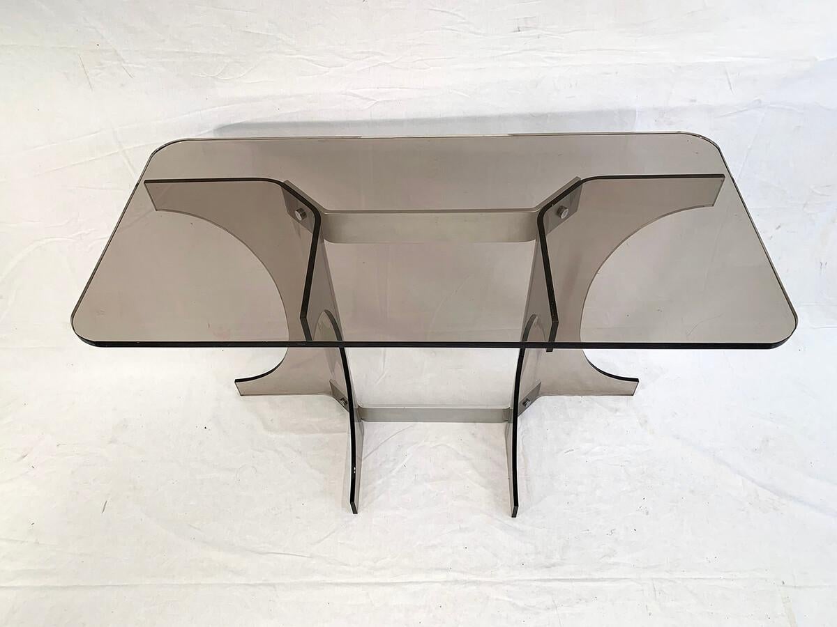 European Aluminum and smoked plexiglass console For Sale