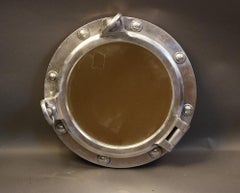 Aluminum and Teak Round Porthole Mirror
