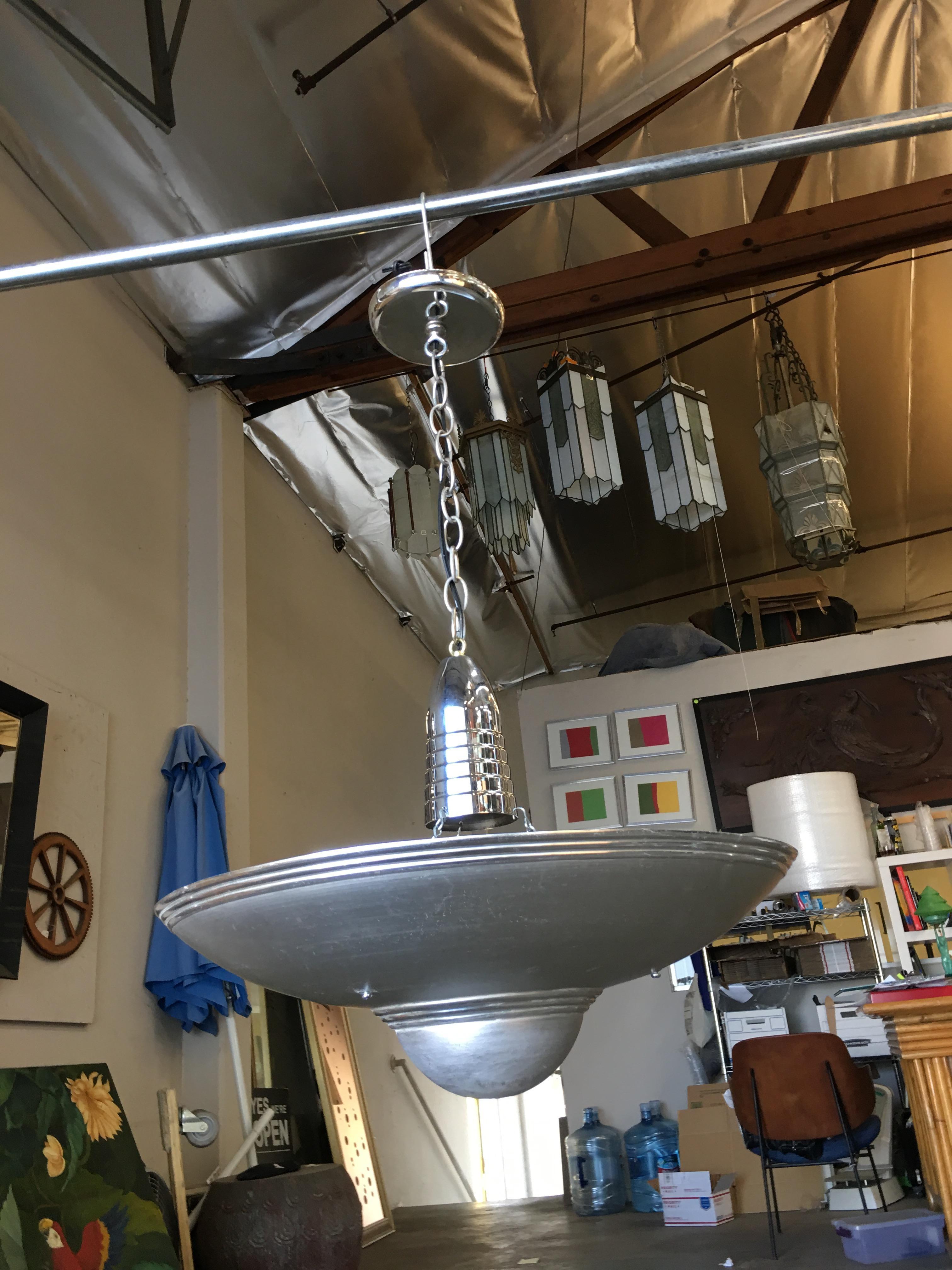 American Aluminum Art Deco Saucer Ceiling Pendant Lamp For Sale