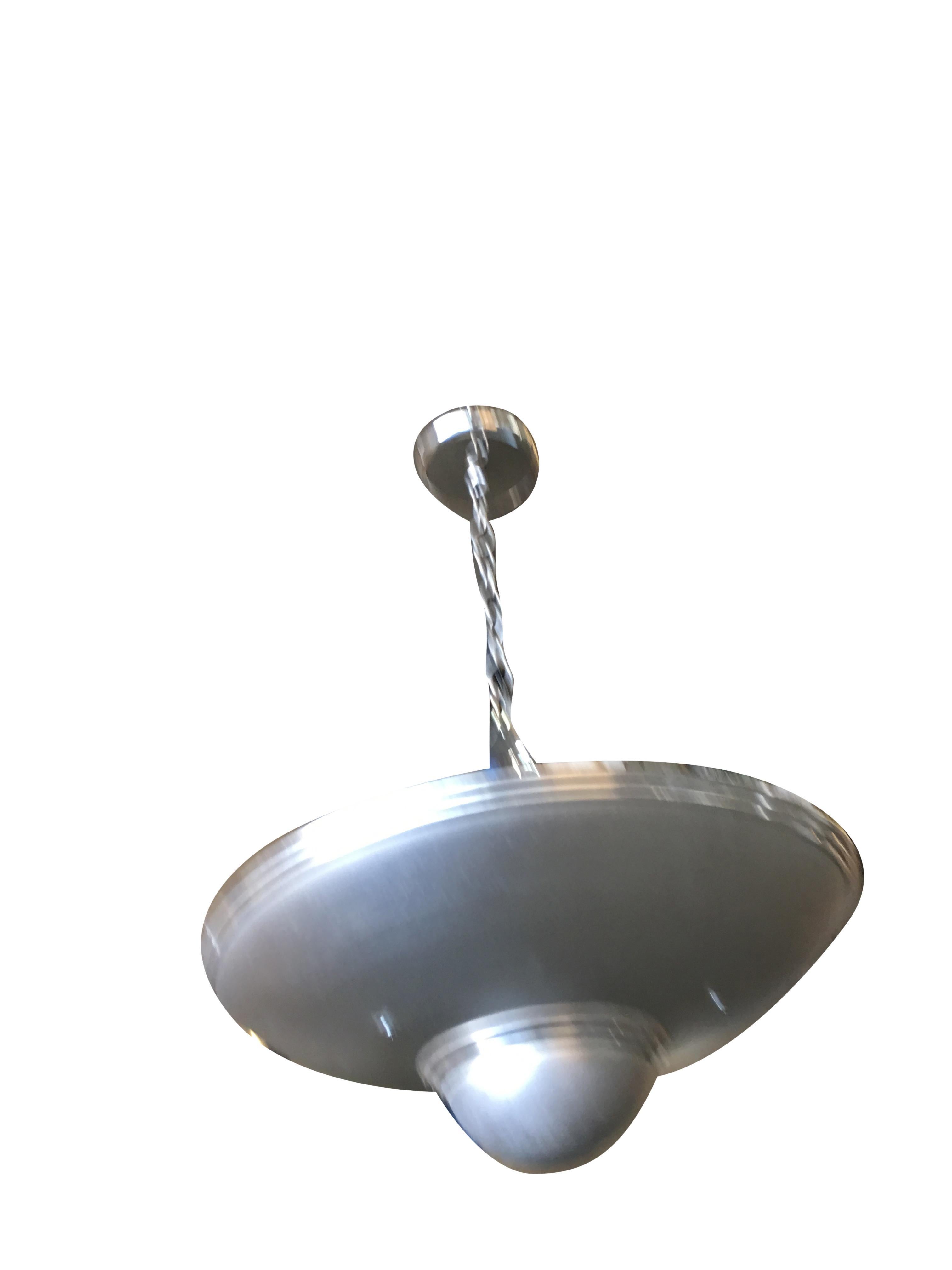 Vintage 1930s aluminum Art Deco saucer-shaped hanging ceiling pendant lamp. Available 2.