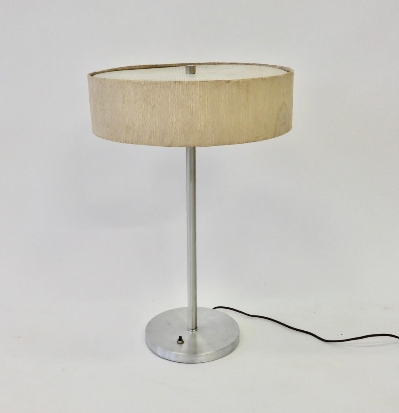 Mid-Century Modern Aluminum Base Table Lamp with Original Tilt Top Silk Shade For Sale