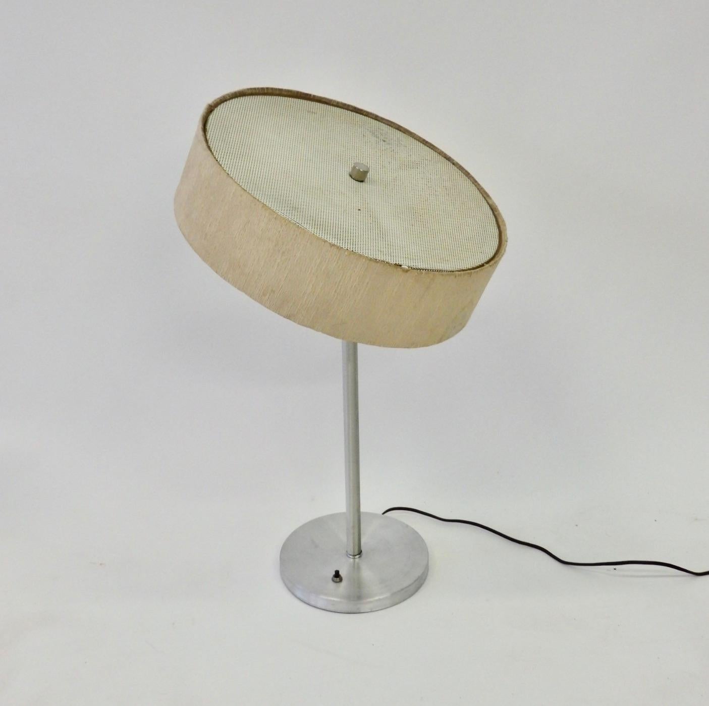 Aluminum Base Table Lamp with Original Tilt Top Silk Shade In Good Condition For Sale In Ferndale, MI