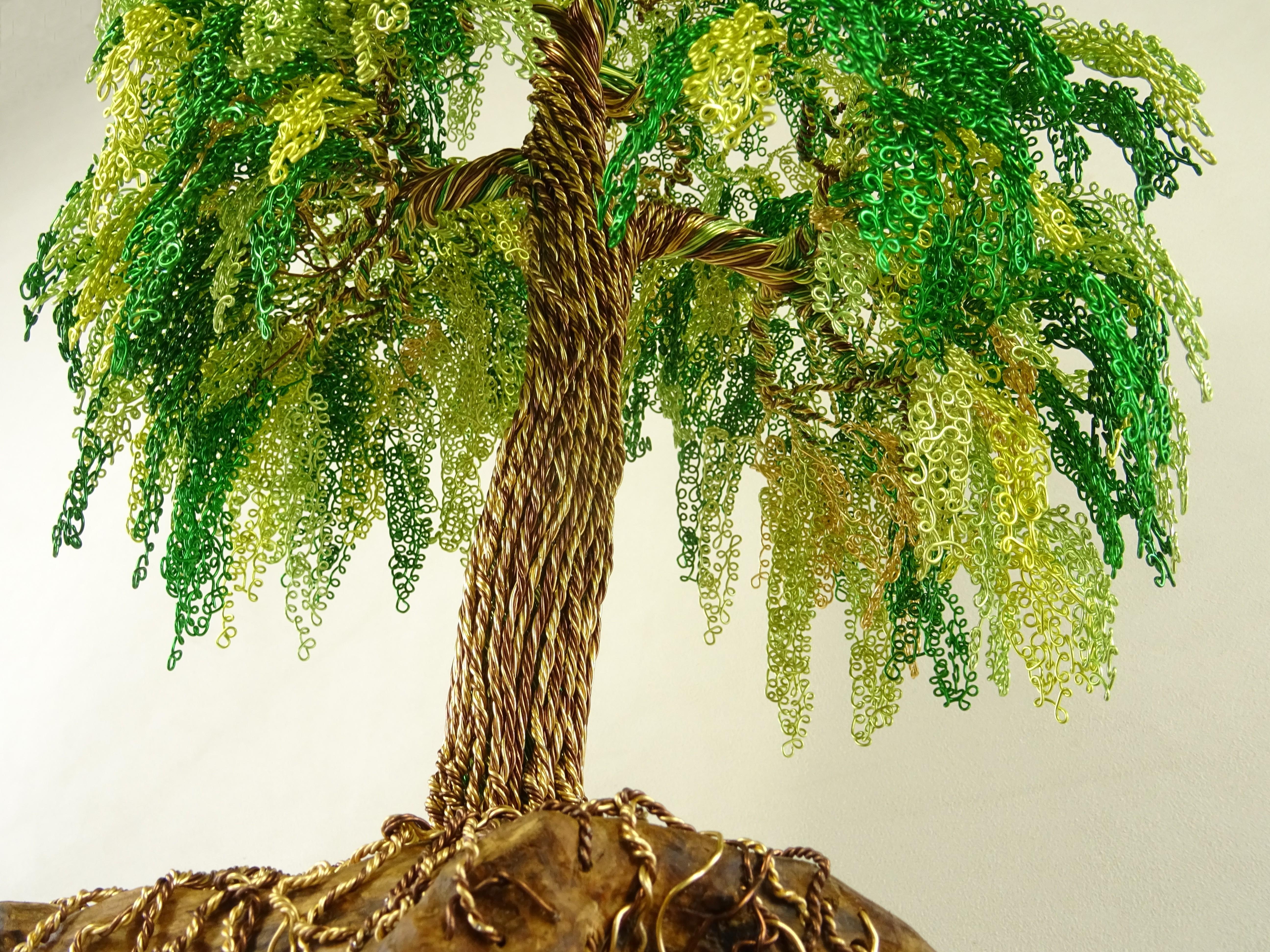 The Cascata Bonsai is inspired by the Niagara falls.
The materials are wood and metals, representing both the strength of life and the roots of Mother Nature.
Sculptures are composed by wires that intertwine each other. 
The Bonsai is composed by