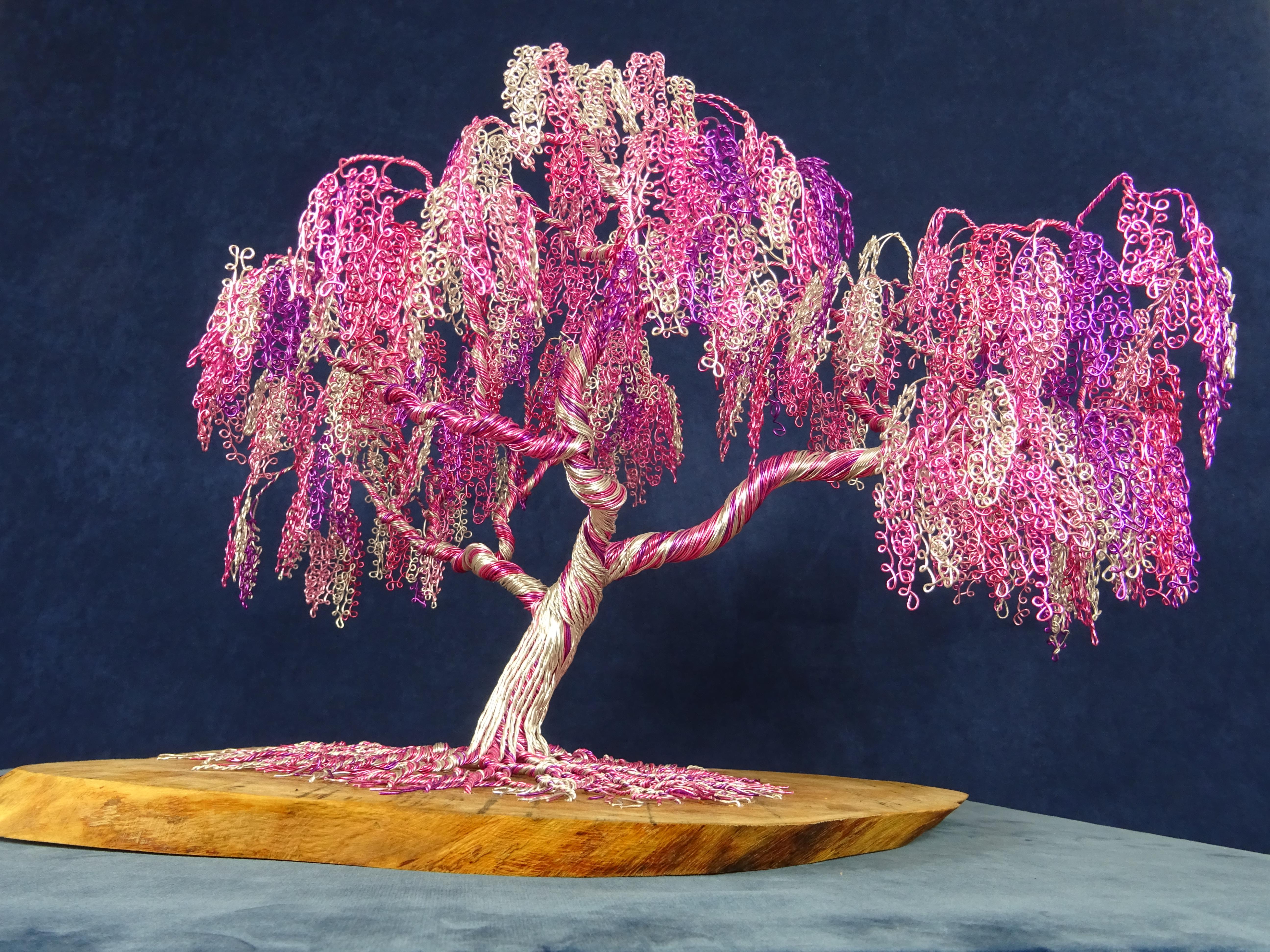 The Pink Curls Bonsai is inspired by the weeping willow tree, a wonderful and unique tree.
The materials are wood and metals, representing both the strength of life and the roots of Mother Nature.
Sculptures are composed by wires that intertwine