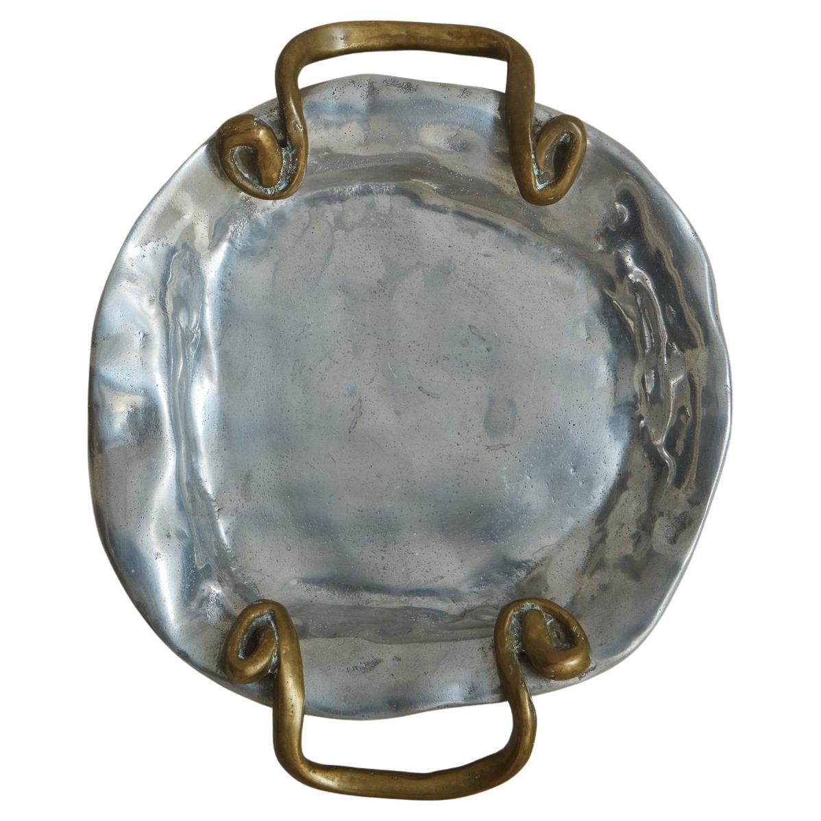 Aluminum + Brass Round Tray with Curved Handles by David Marshall, Spain, 1980s