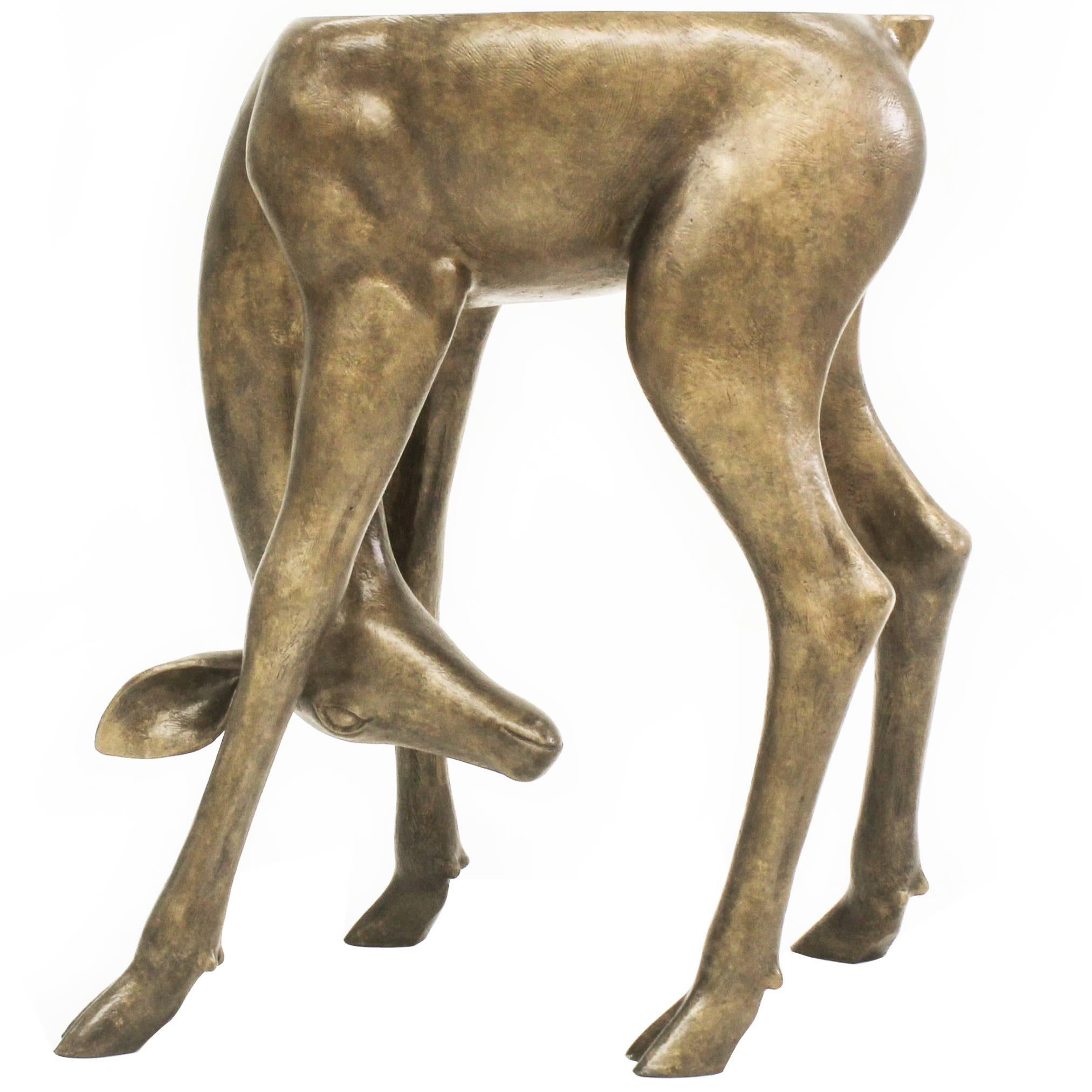 Aluminum Cast with Bronze Patina Handmade Sculptural Deer Side or End Table For Sale