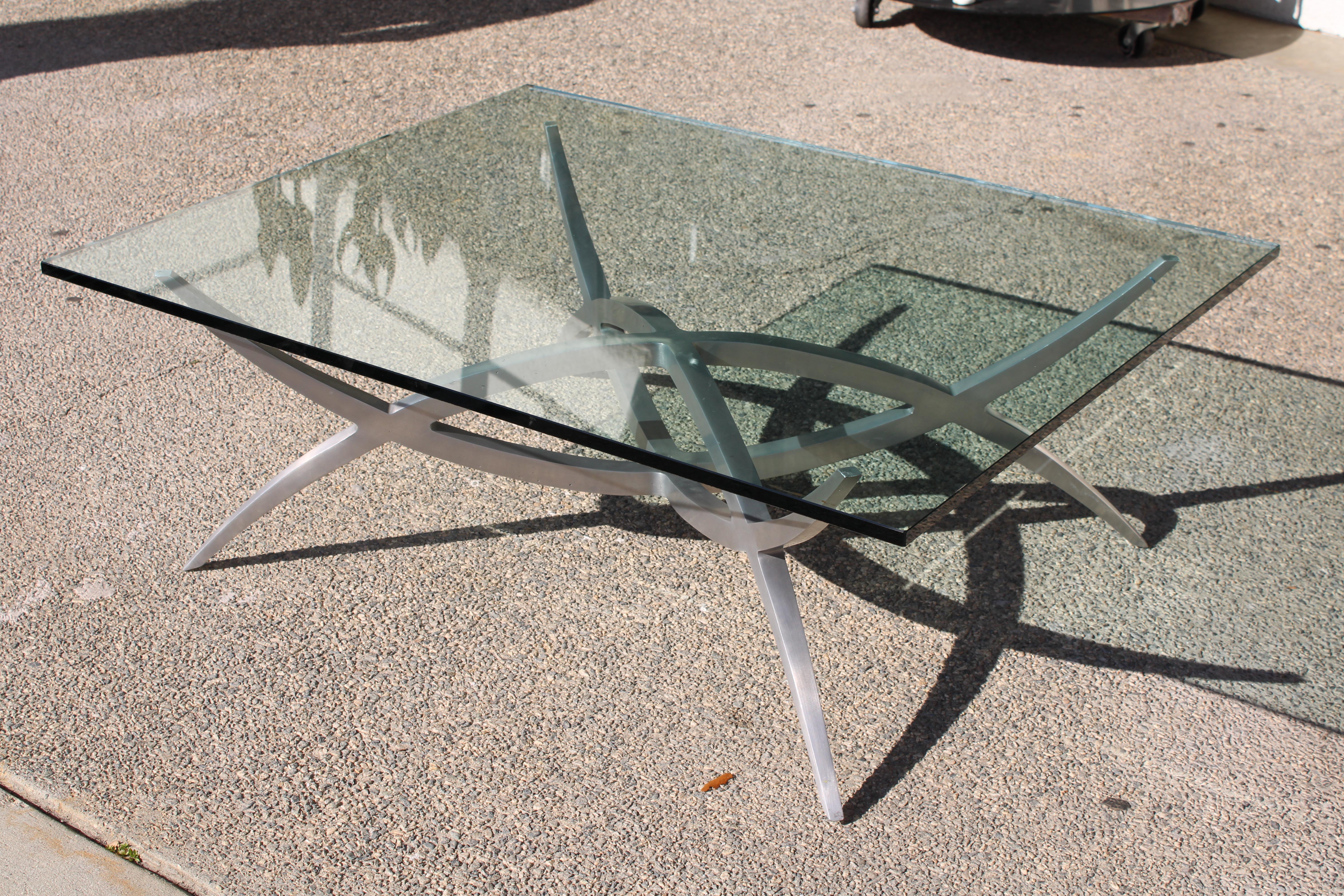 Modern X-Base Aluminum Coffee Table with Glass Top For Sale