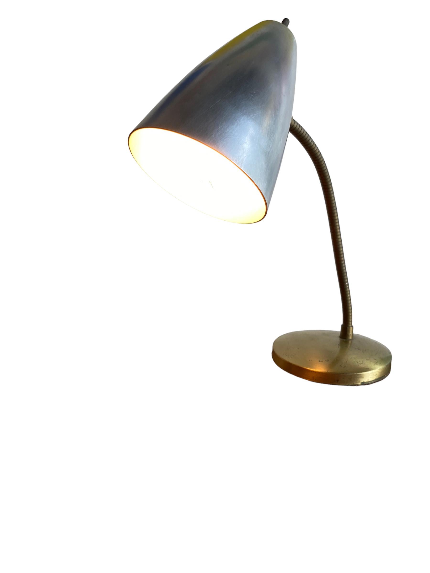 Mid-Century Modern Aluminum Cone and Brass Gooseneck Desk Lamp