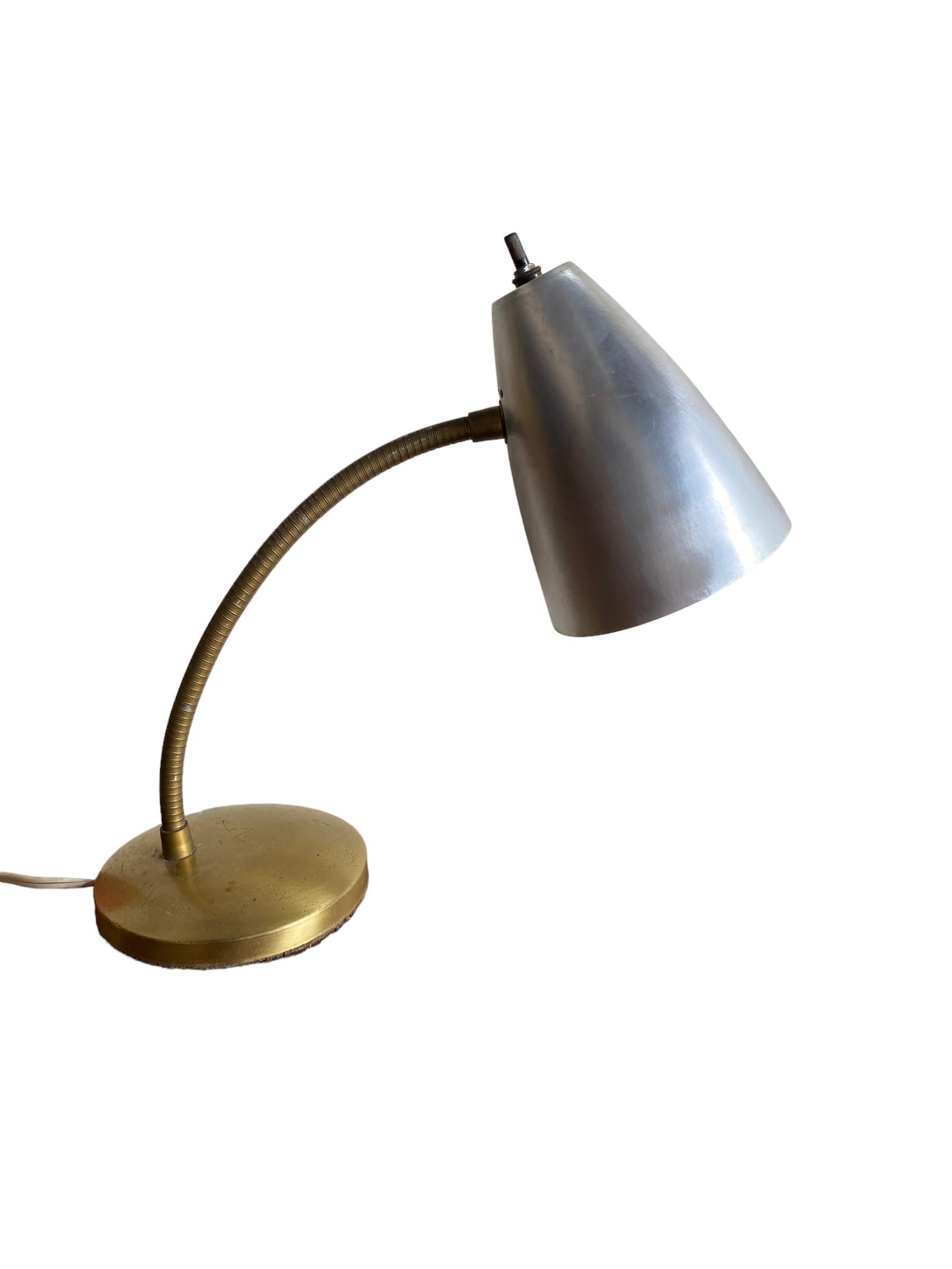 Aluminum Cone and Brass Gooseneck Desk Lamp In Fair Condition In Brooklyn, NY