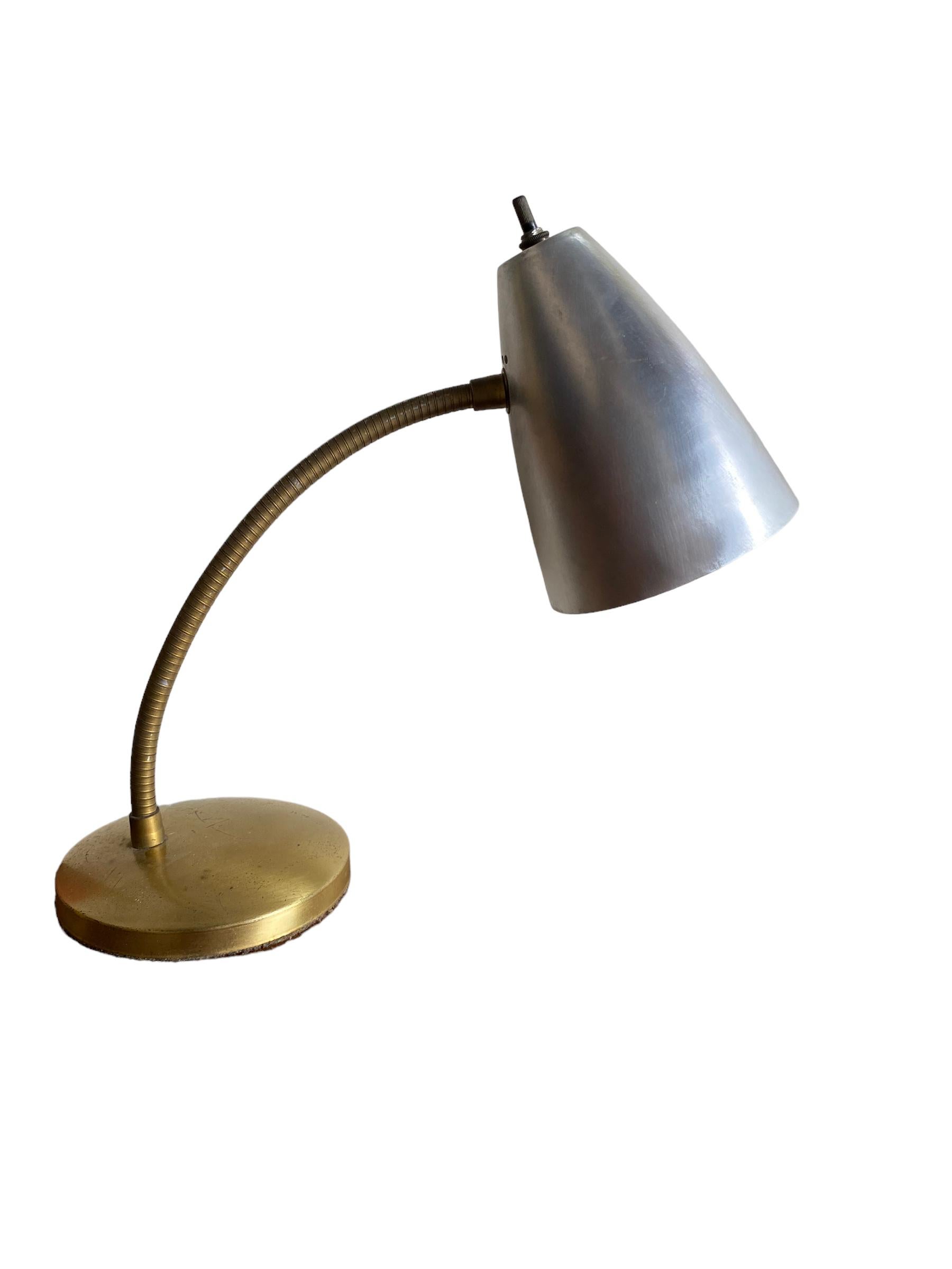 20th Century Aluminum Cone and Brass Gooseneck Desk Lamp