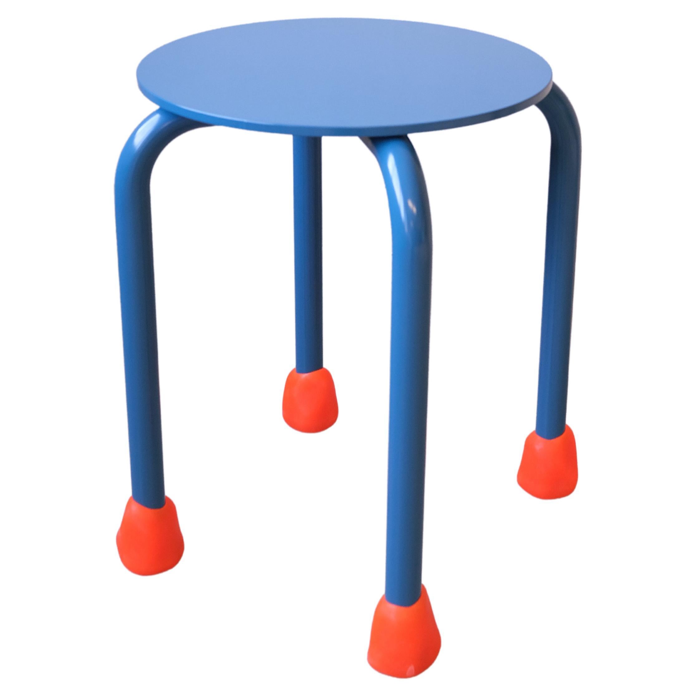 Aluminum Contemporary Blue Stool, Casted Rubber Feets in Neon Orange For Sale