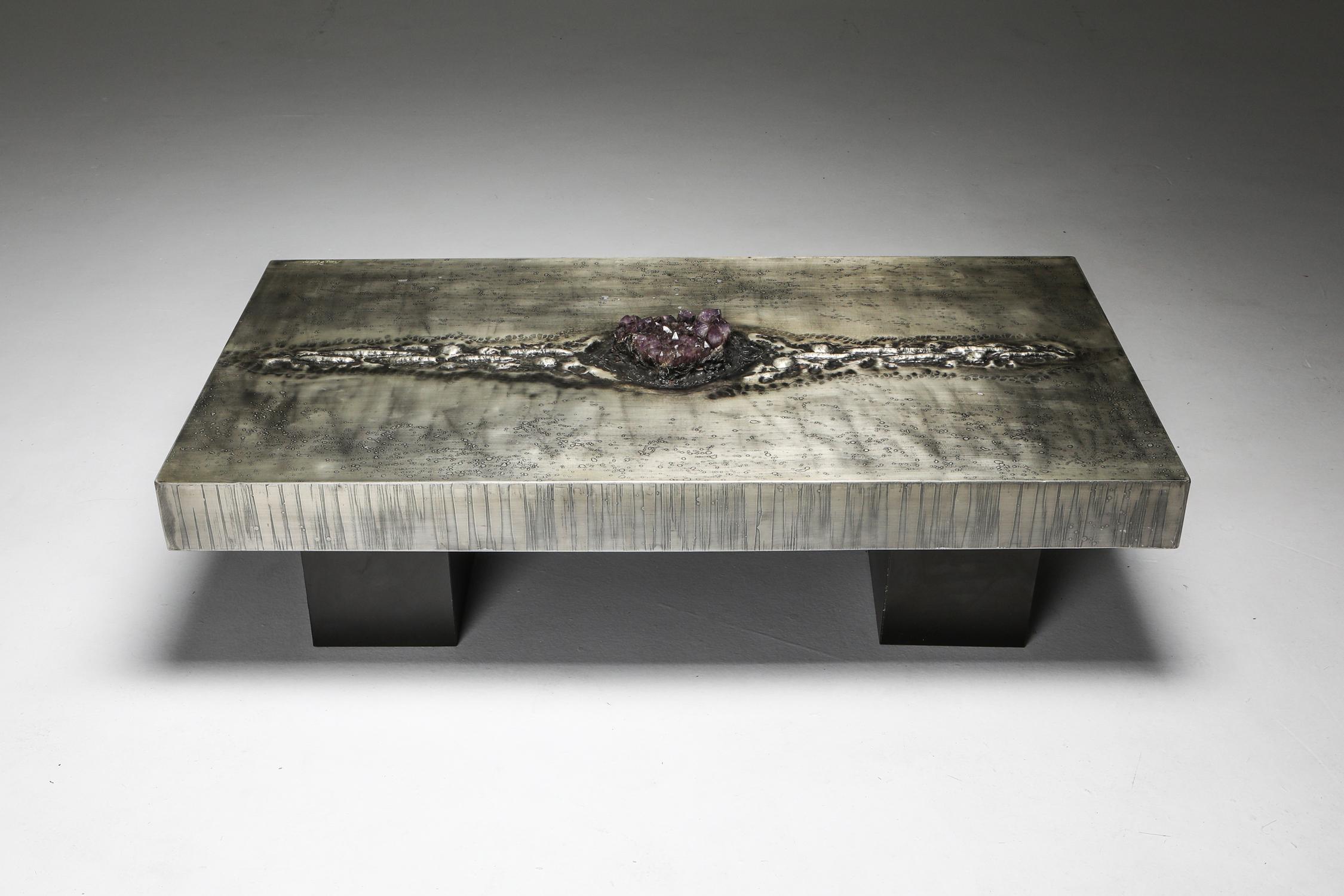 Hollywood Regency Aluminum Etched Coffee Table with Amethyst Inlay by Marc D'Haenens