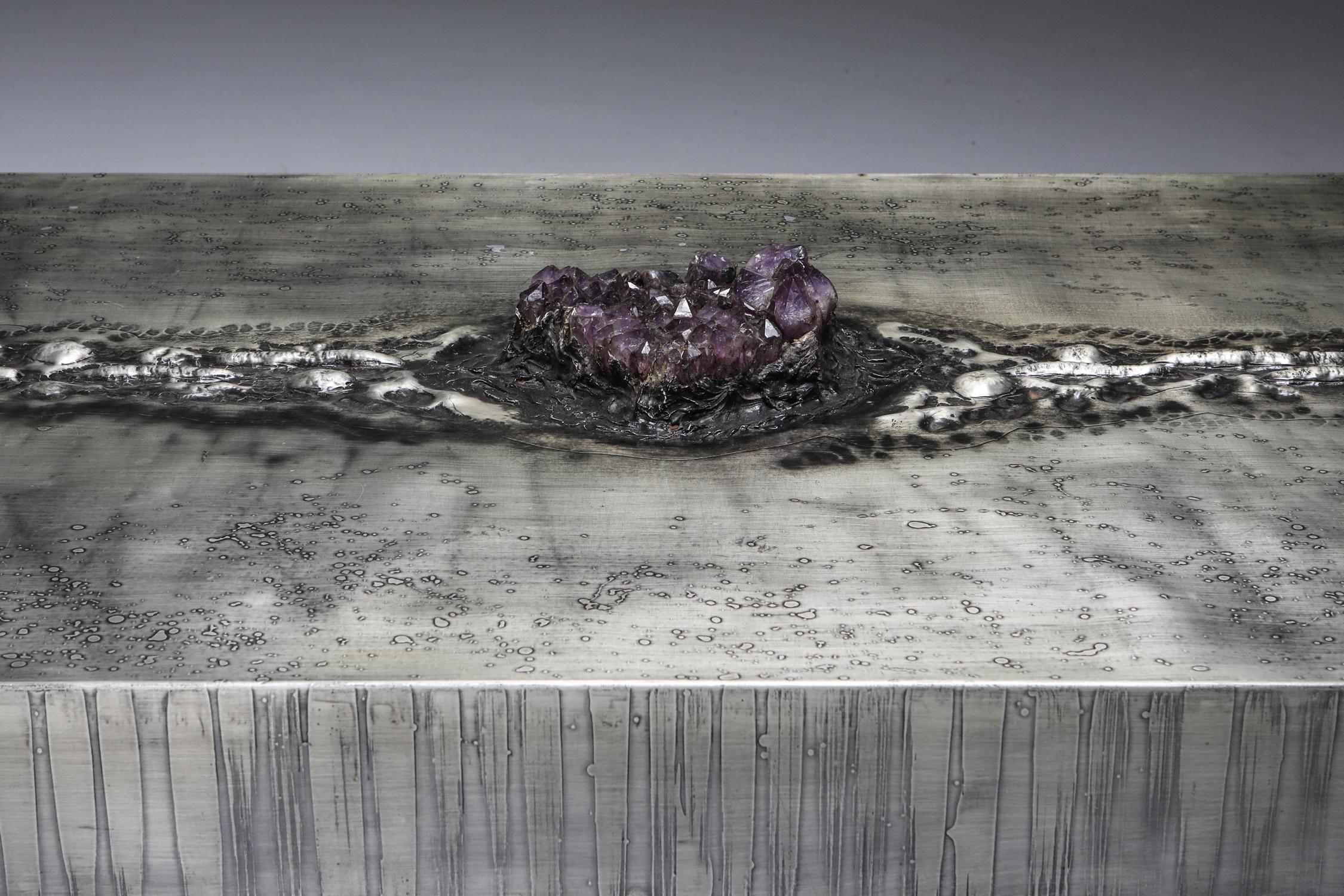 Belgian Aluminum Etched Coffee Table with Amethyst Inlay by Marc D'Haenens