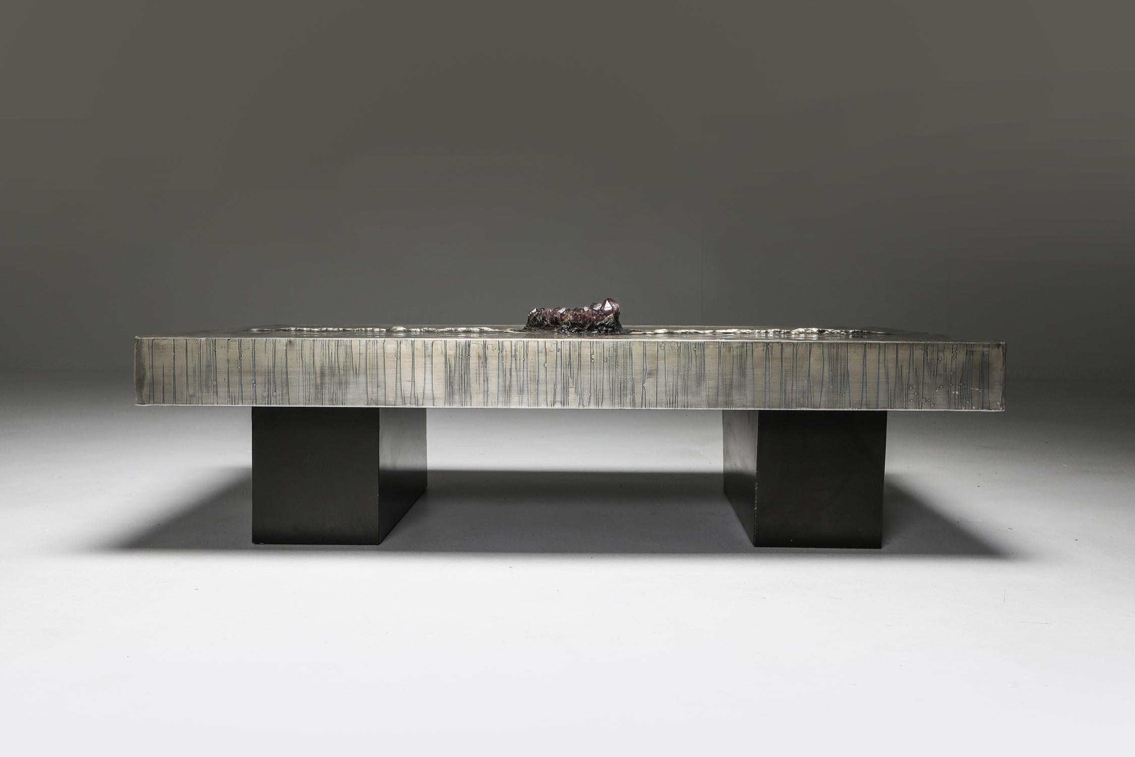 Aluminum Etched Coffee Table with Amethyst Inlay by Marc D'Haenens In Good Condition In Antwerp, BE