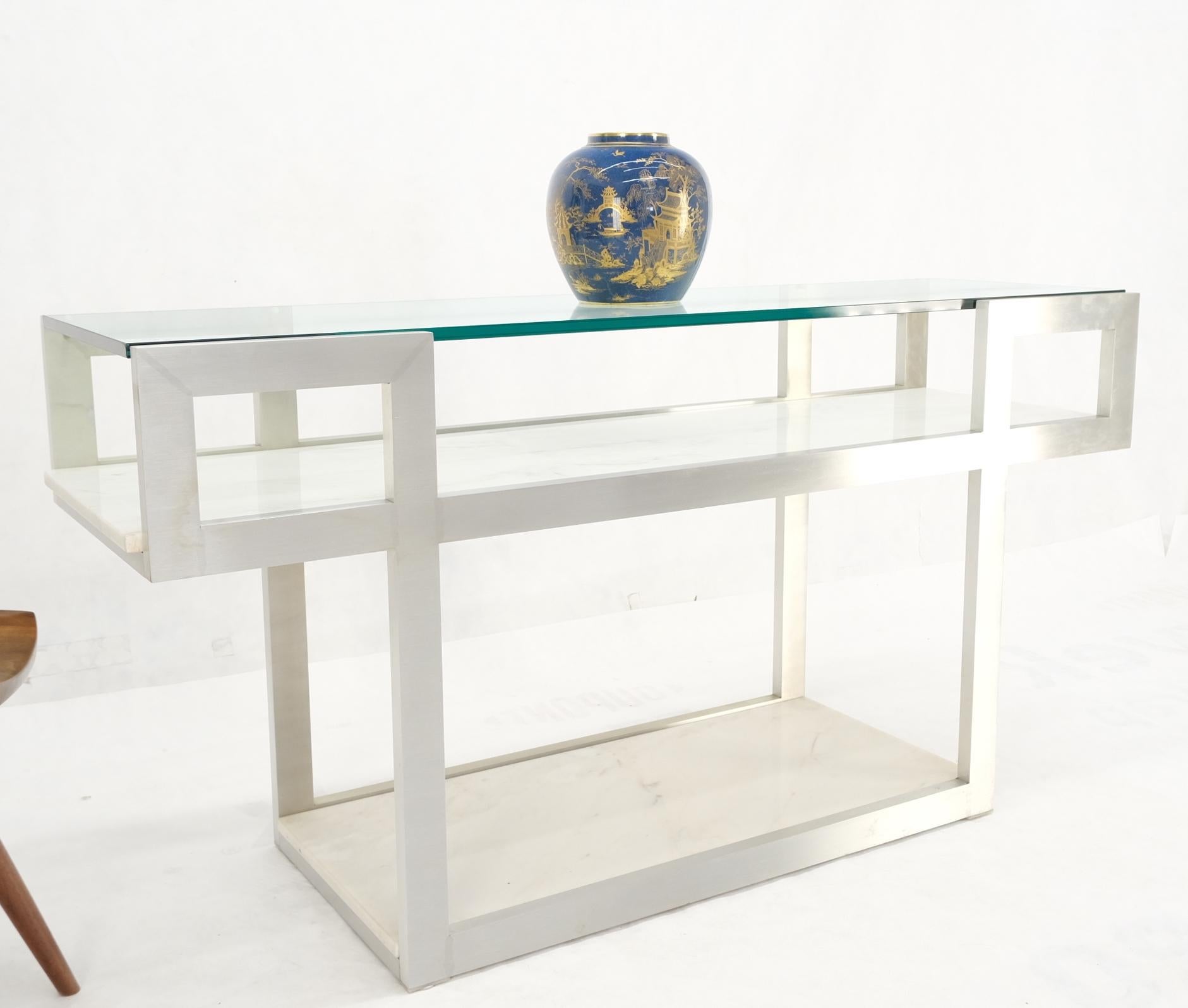 Aluminum frame glass shelves two marble shelves console sofa table mid century mint!
 