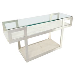 Console pour canapé mi-siècle avec cadre en aluminium et étagères en verre, deux étagères en marbre