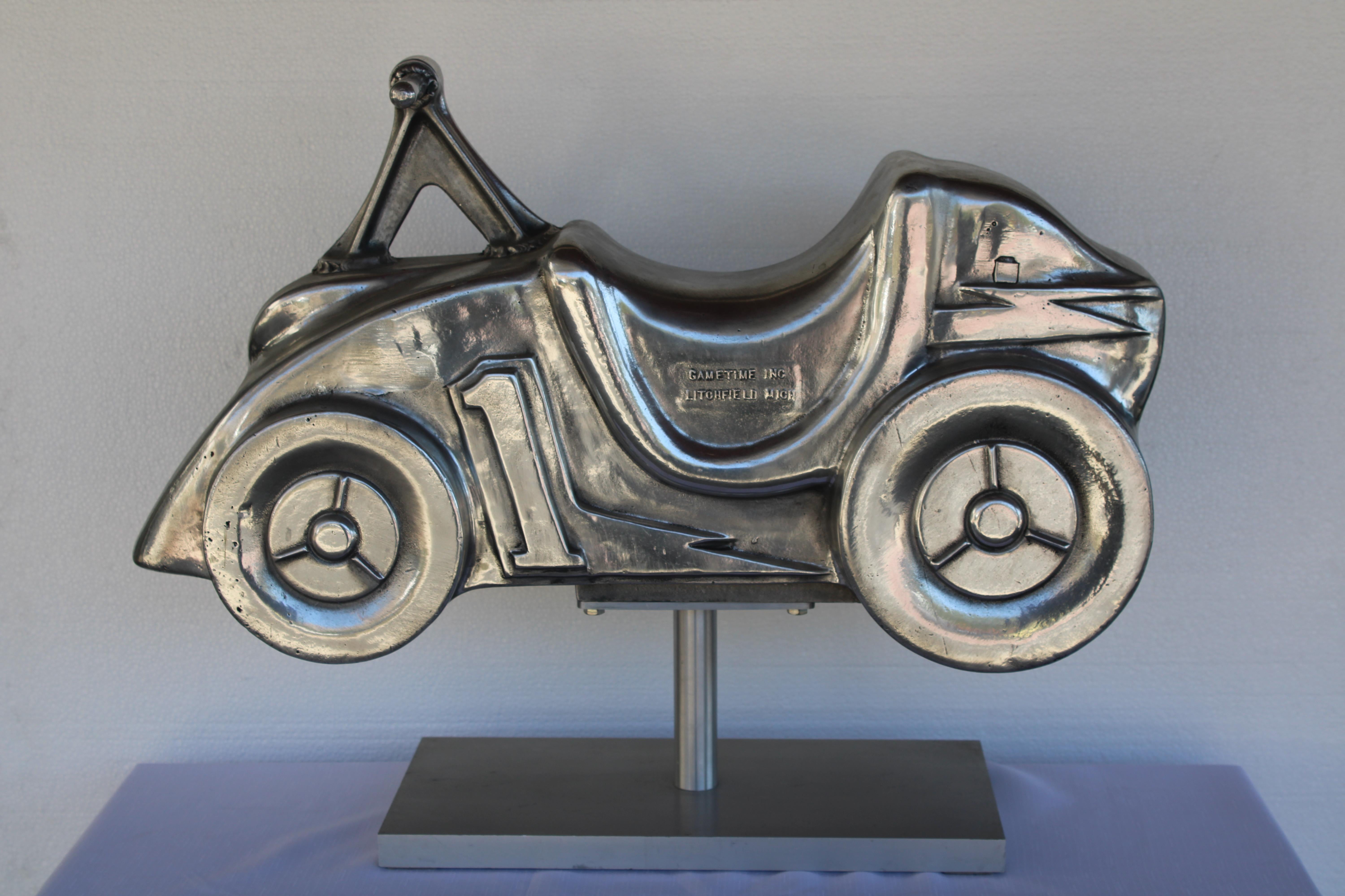 American Aluminum Hot Rod Motorcycle Playground Toy Sculpture on Stand For Sale