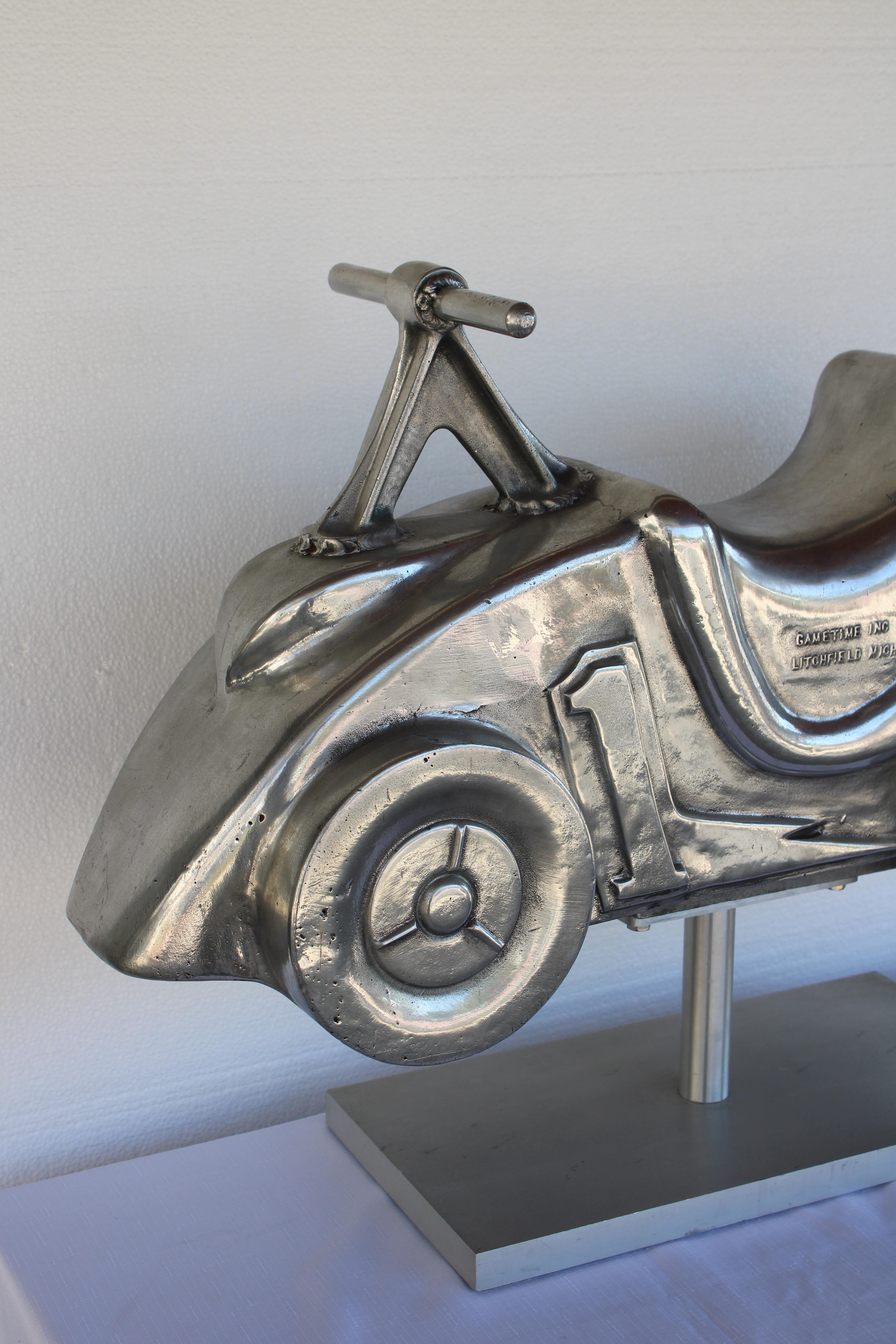 Mid-20th Century Aluminum Hot Rod Motorcycle Playground Toy Sculpture on Stand For Sale