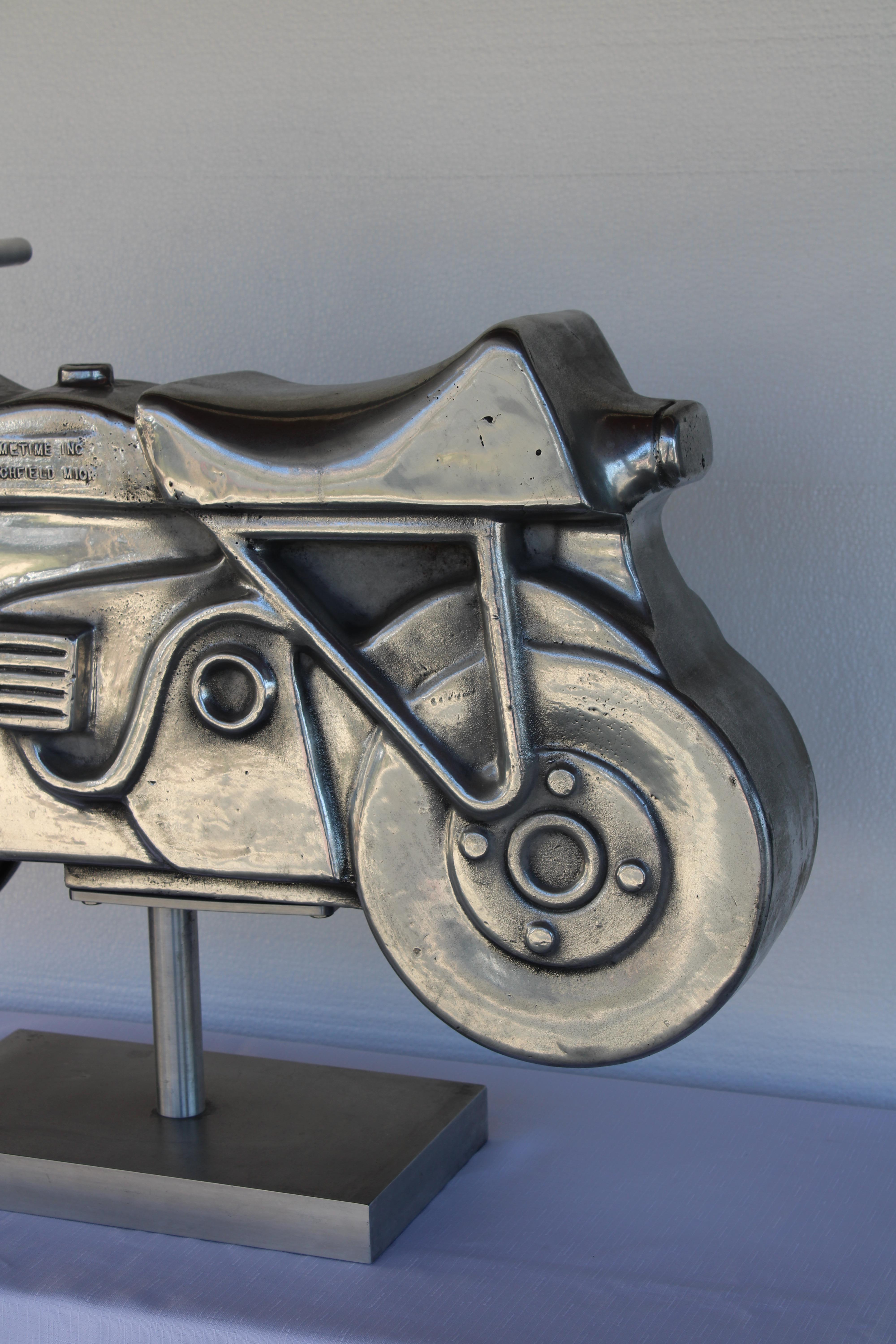 Aluminum Motorcycle Playground Toy Sculpture on Stand In Good Condition For Sale In Palm Springs, CA