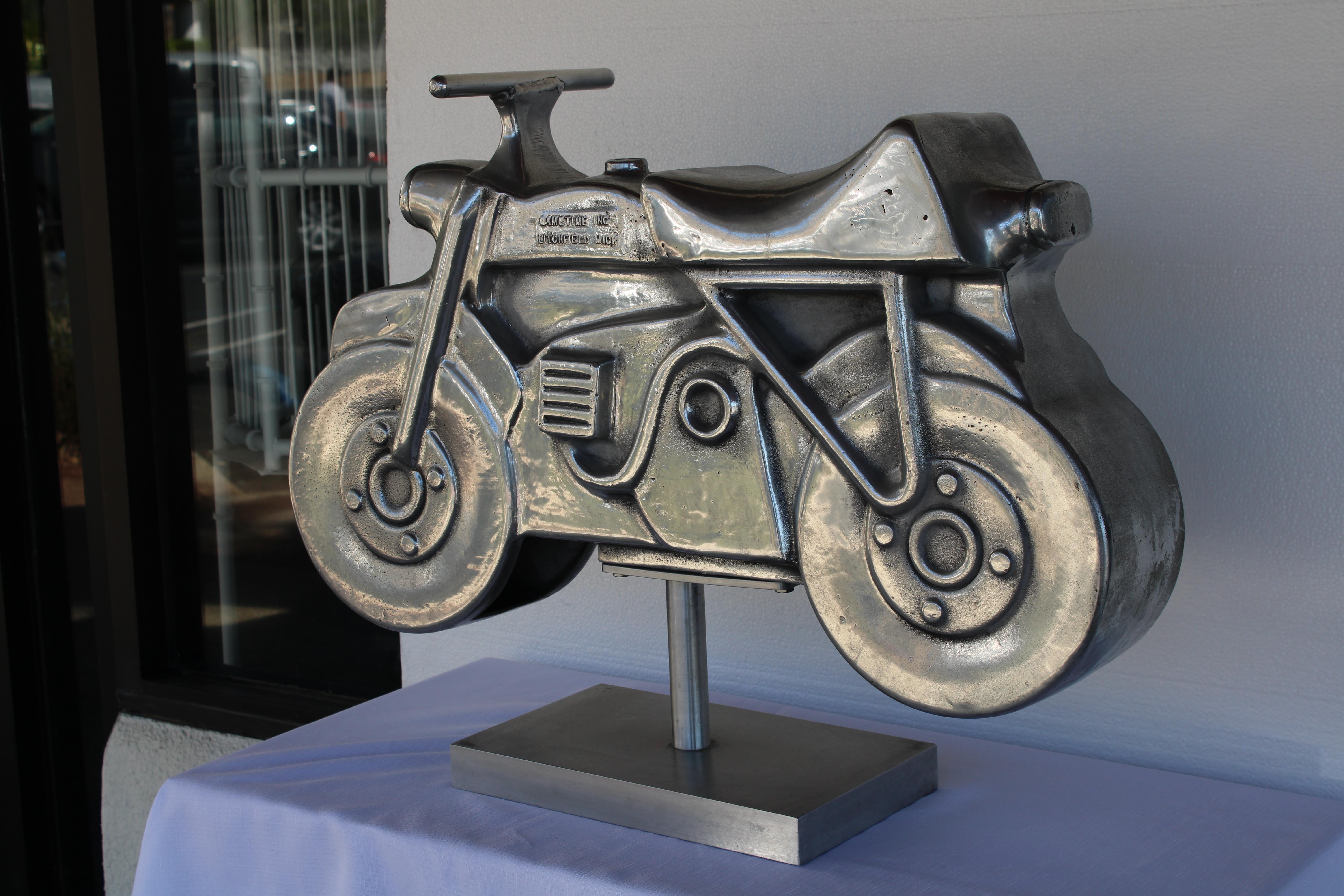 Mid-20th Century Aluminum Motorcycle Playground Toy Sculpture on Stand For Sale