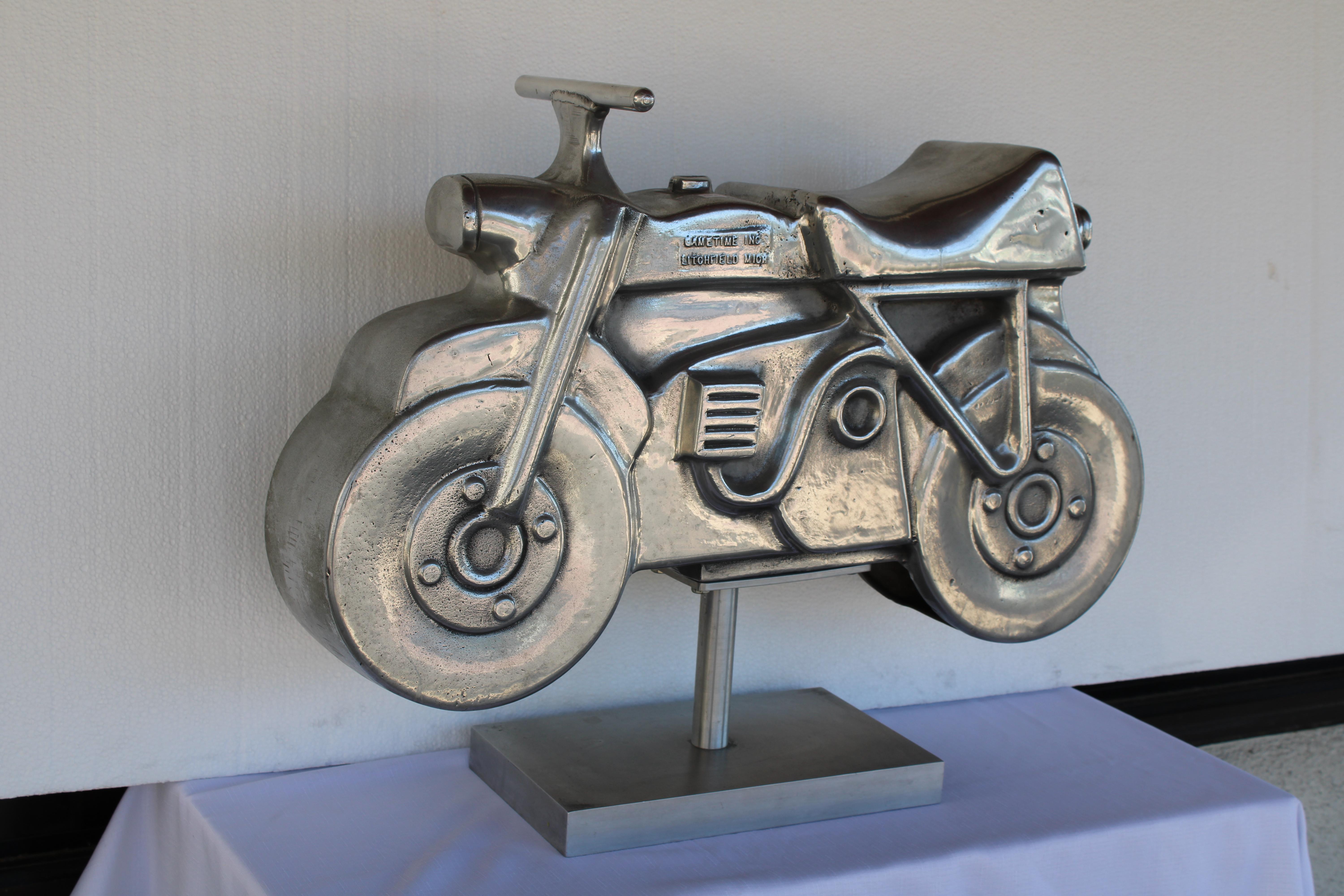 Aluminum Motorcycle Playground Toy Sculpture on Stand For Sale 2
