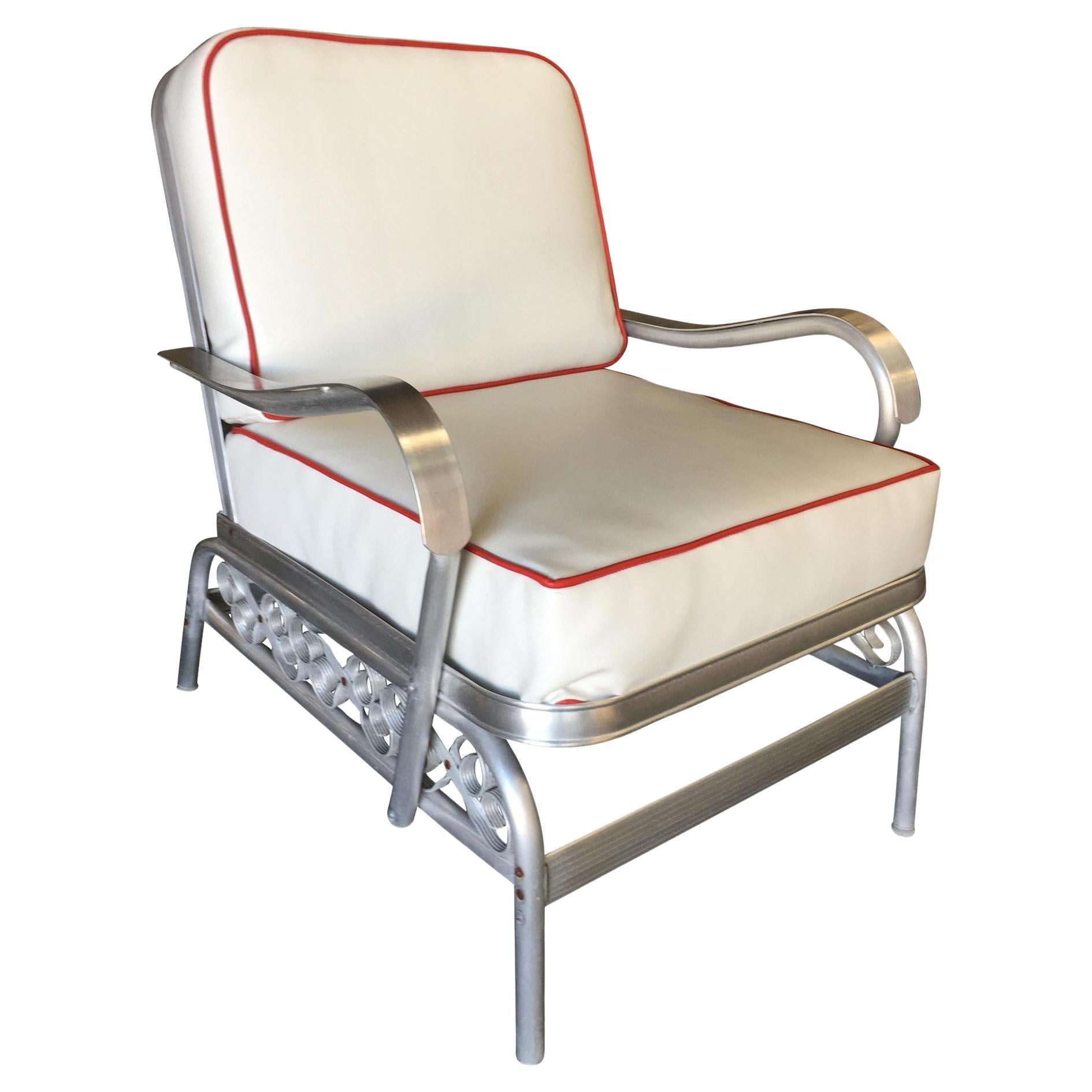 Aluminum Patio / Outdoor Lounge Chair with Scrolling Side, circa 1950 For Sale