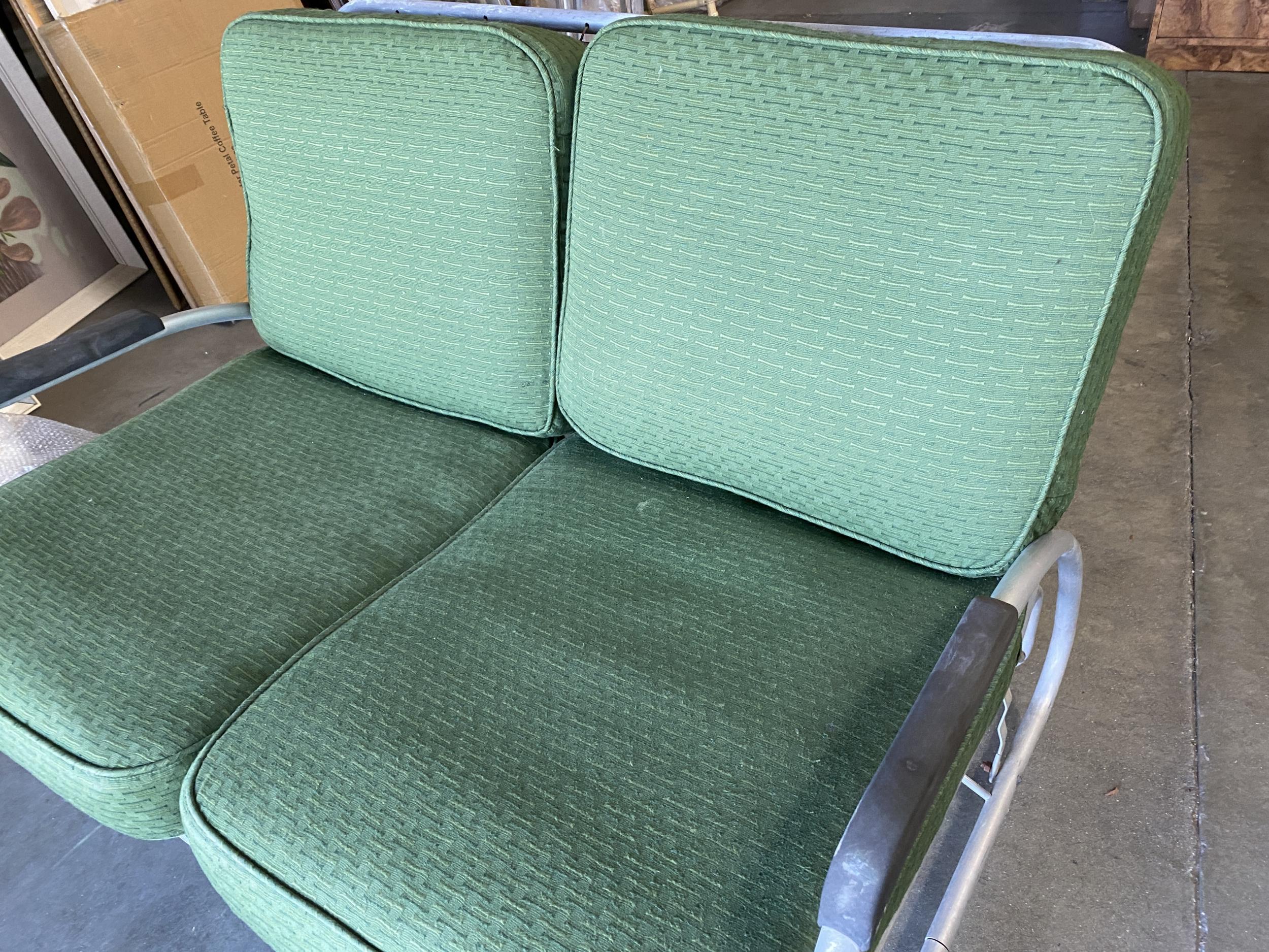 Mid-20th Century Aluminum Patio/Outdoor Settee & Lounge Chair Slider Rocking Patio Set with Speed For Sale