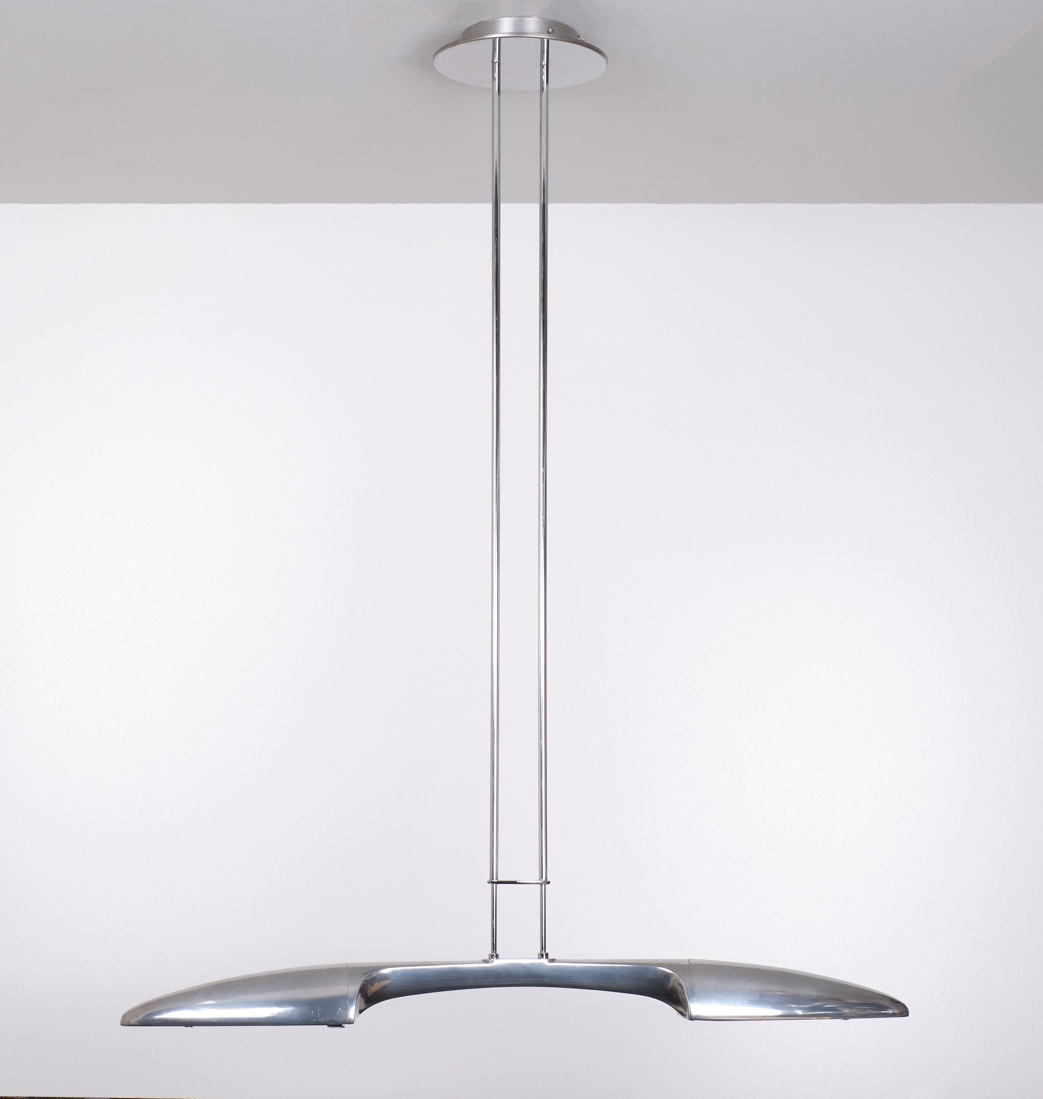 Hanging lamp Polished Aluminum design by Jorge Pensi for B-Lux Spain 1980.
model Olympia Billar. Halogen. Adjustable in height. New rewired. 
Special hanging lamp by the widely respected designer Jorge Pensi.



