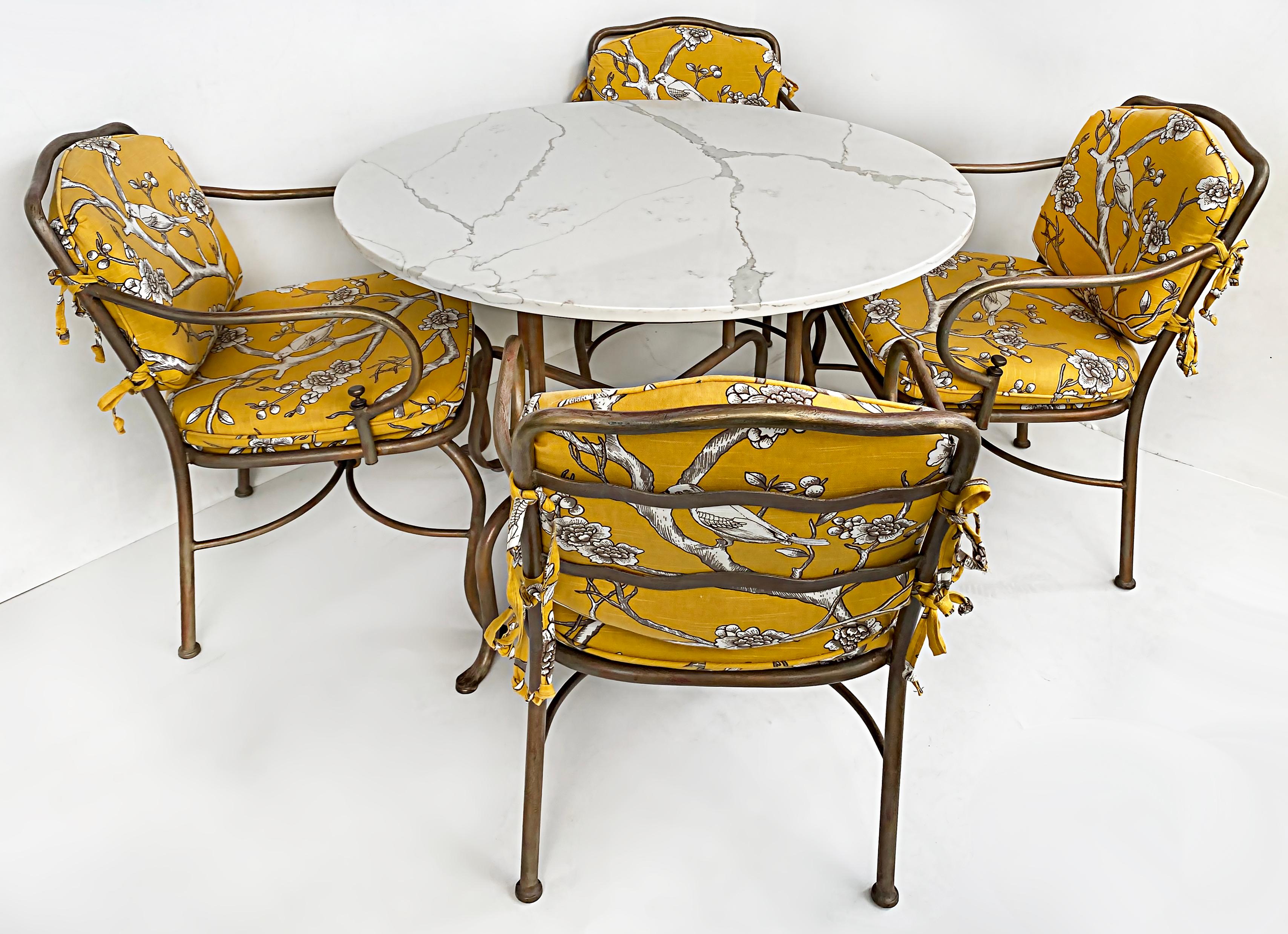 Aluminum Quartz Top Garden Table with Upholstered Chairs with Cushions

Offered for sale is an aluminum garden table with a quartz top and 4 chairs with upholstered seats and loose back cushions.

Measures: Arm Height 25.5.

 