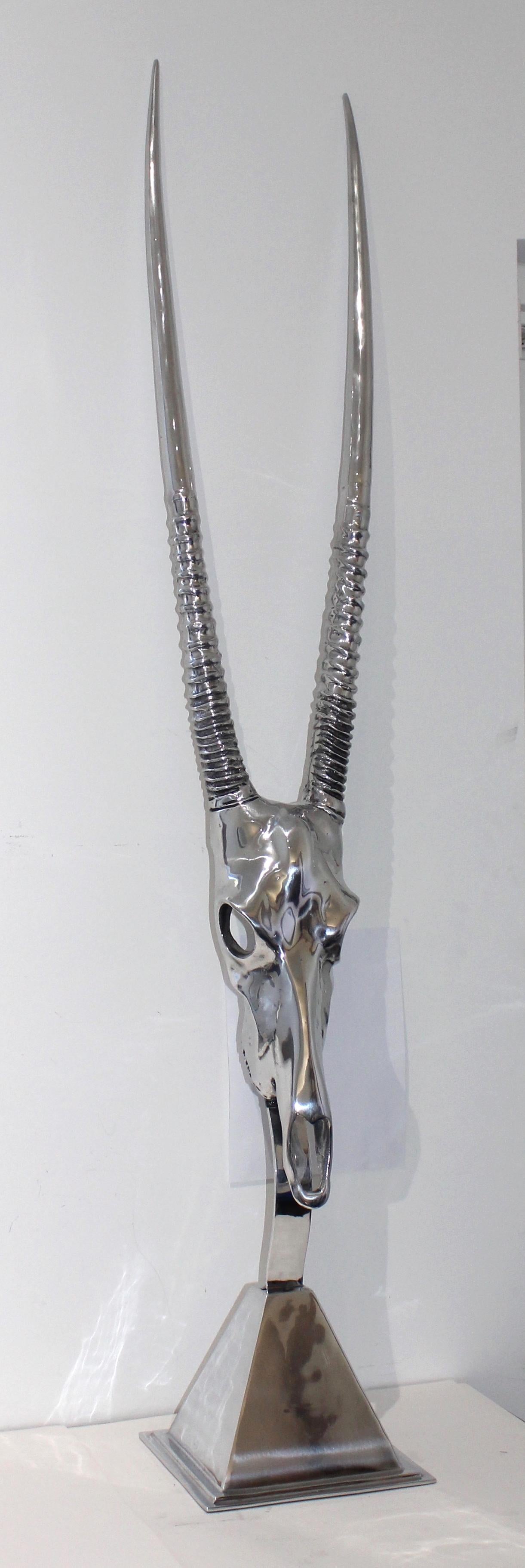 This stylish and dramatic polished aluminum sculpture of a gazelles head is by Arthur Court and it dates to the late 1970s to early 1980s.

Note: The piece has been professionally polished.

Note: Base dimensions are 9.75