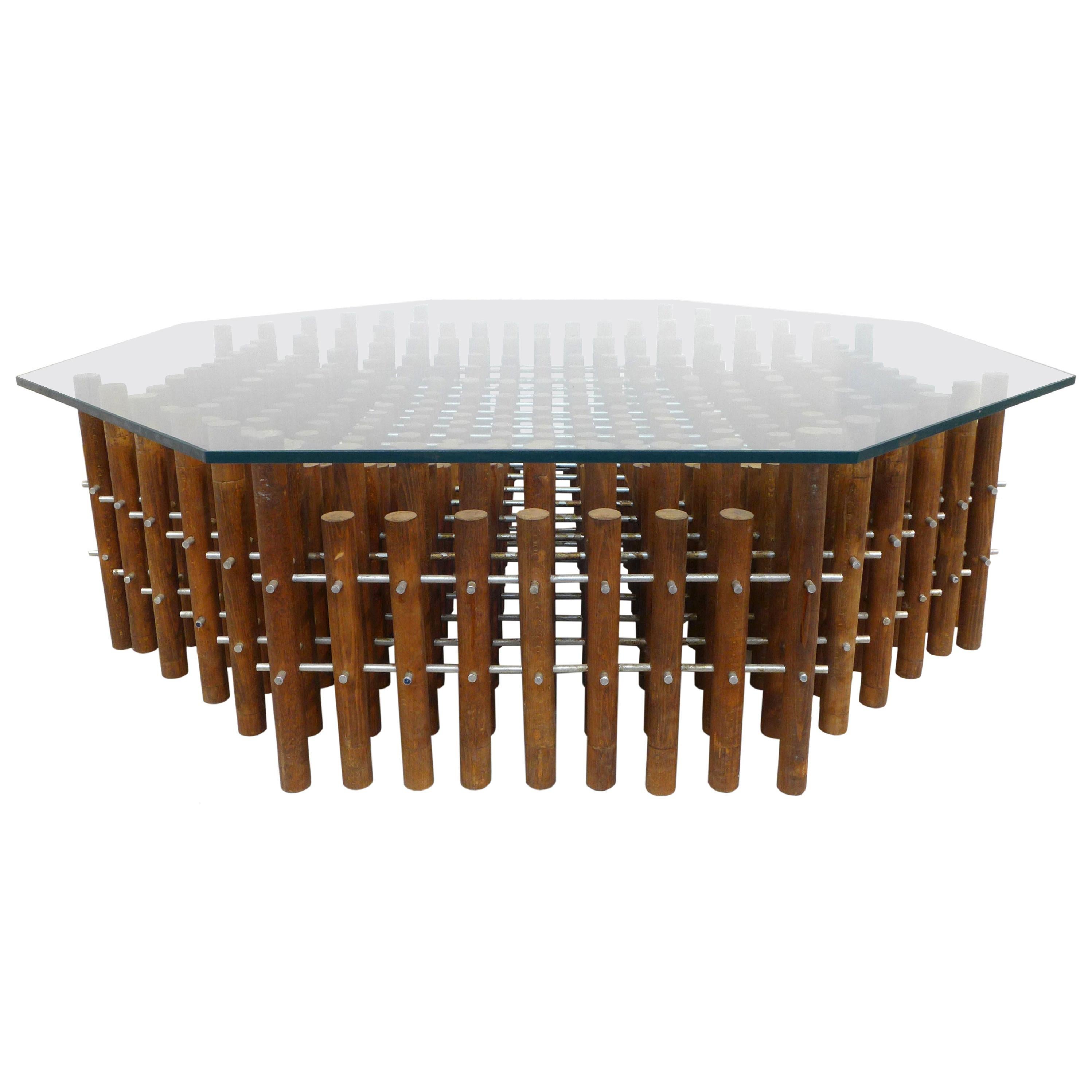 Aluminum & Wood-Dowel Hexagonal Glass-Top Coffee Table For Sale
