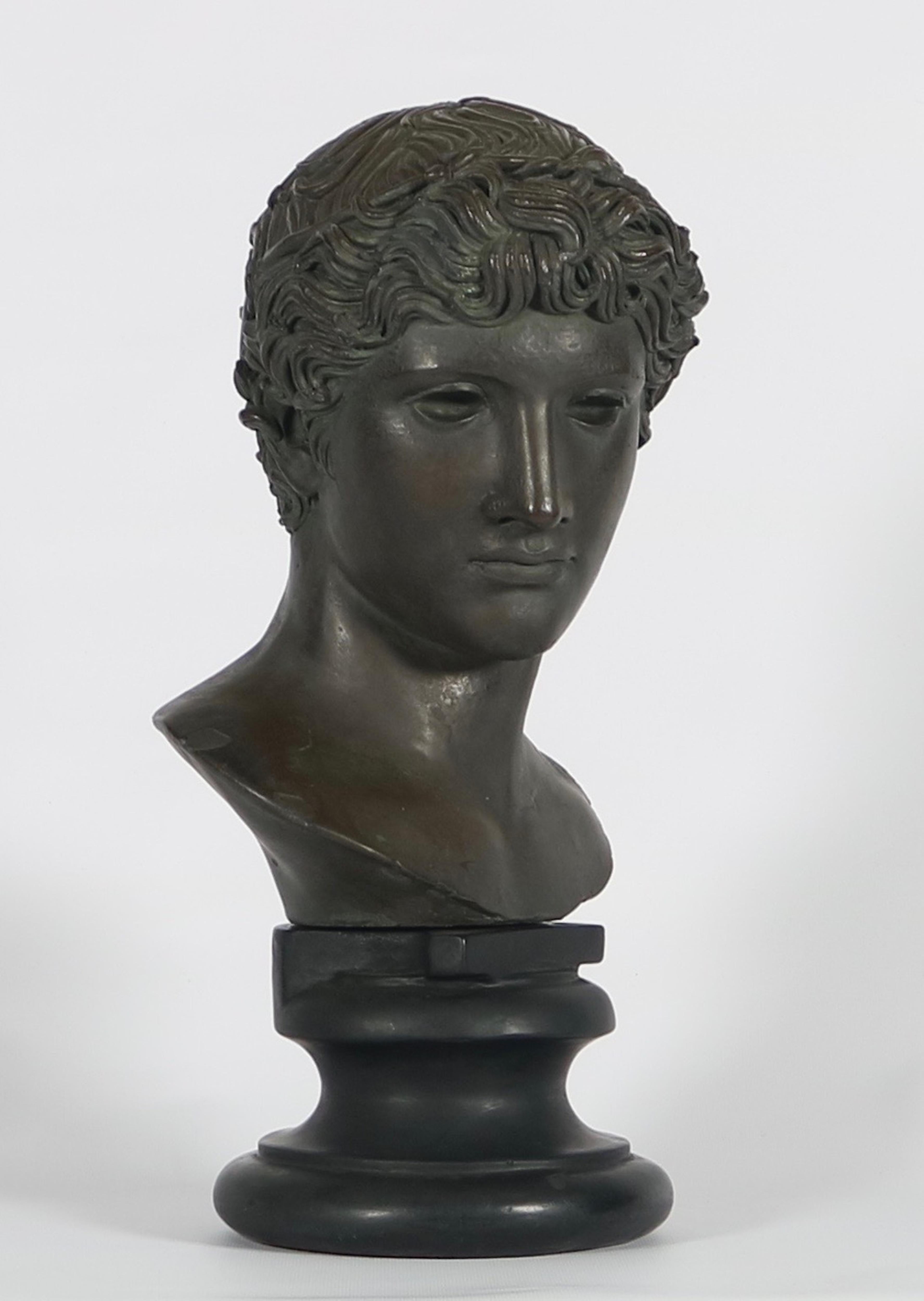 Greco-Roman bust reproduced by Alva Studios in black cast stone. The sculpture depicts a youth with a circlet tied around his curls. Wear appropriate to age and use. The bust remains in very good condition.