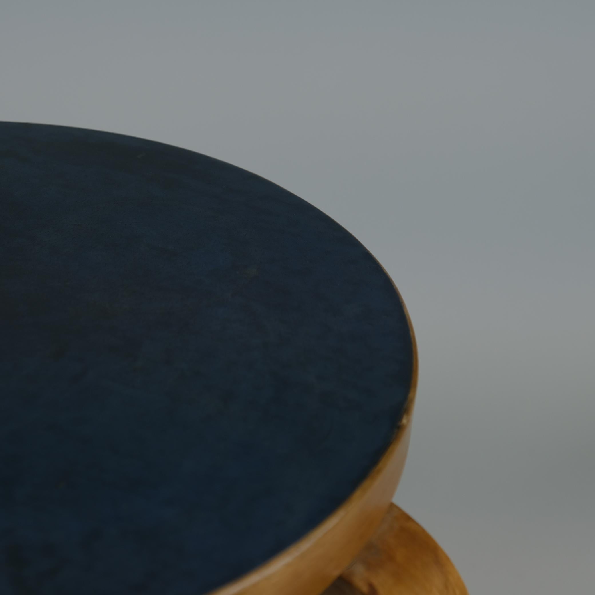 Finnish Alvar Aalto 3-Legged Stool Model 60 In Birch and Blue Linoleum, Artek 1950s For Sale