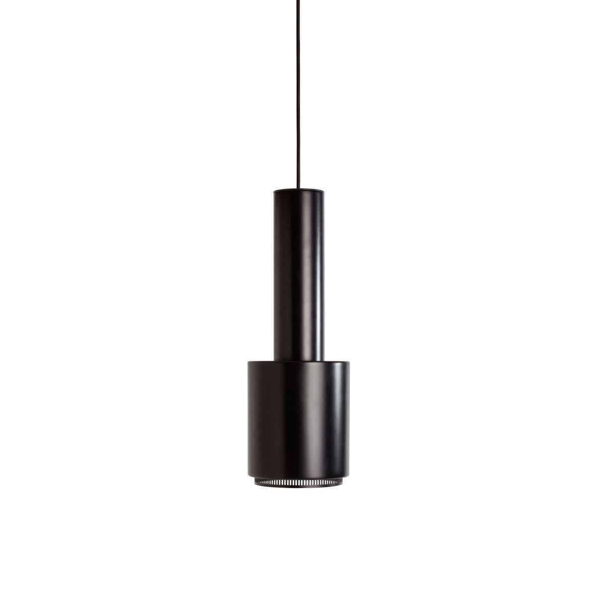 Alvar Aalto A110 'Hand Grenade' black pendant light for Artek. Produced by its original manufacturer, Artek of Finland. Executed in black painted metal and ring with white painted interior and 13 feet of black cord and ceiling canopy. UL listed.