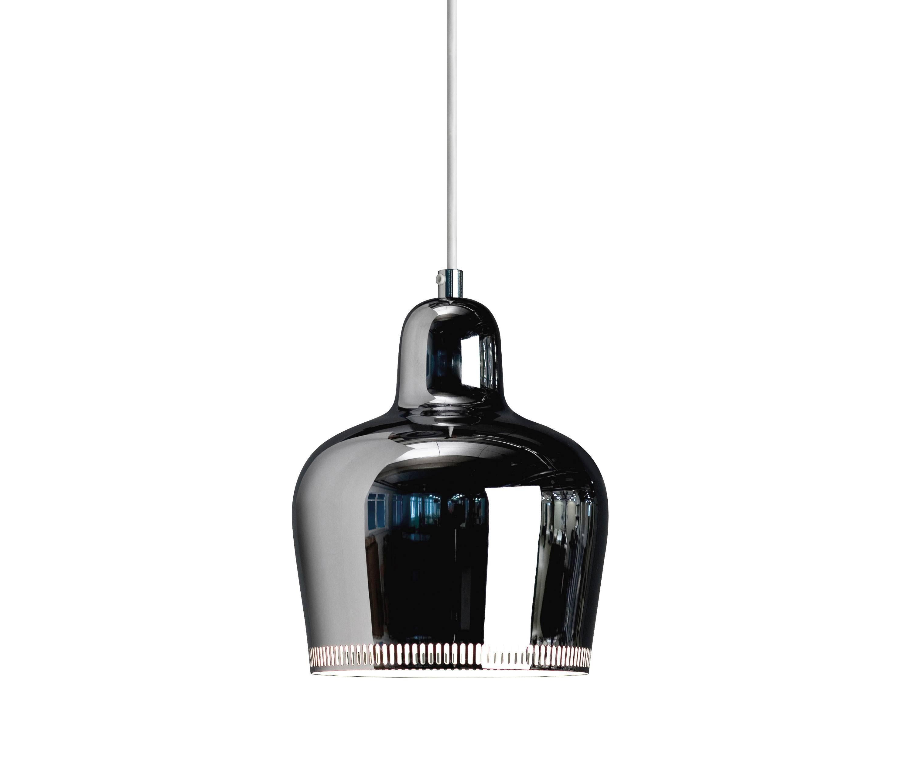 Alvar Aalto A330S 'Golden Bell' chrome pendant light for Artek. Designed in 1937, this iconic lamp has since remained in near constant production by its original manufacturer, Artek of Finland. Executed in clear lacquered brass with white painted