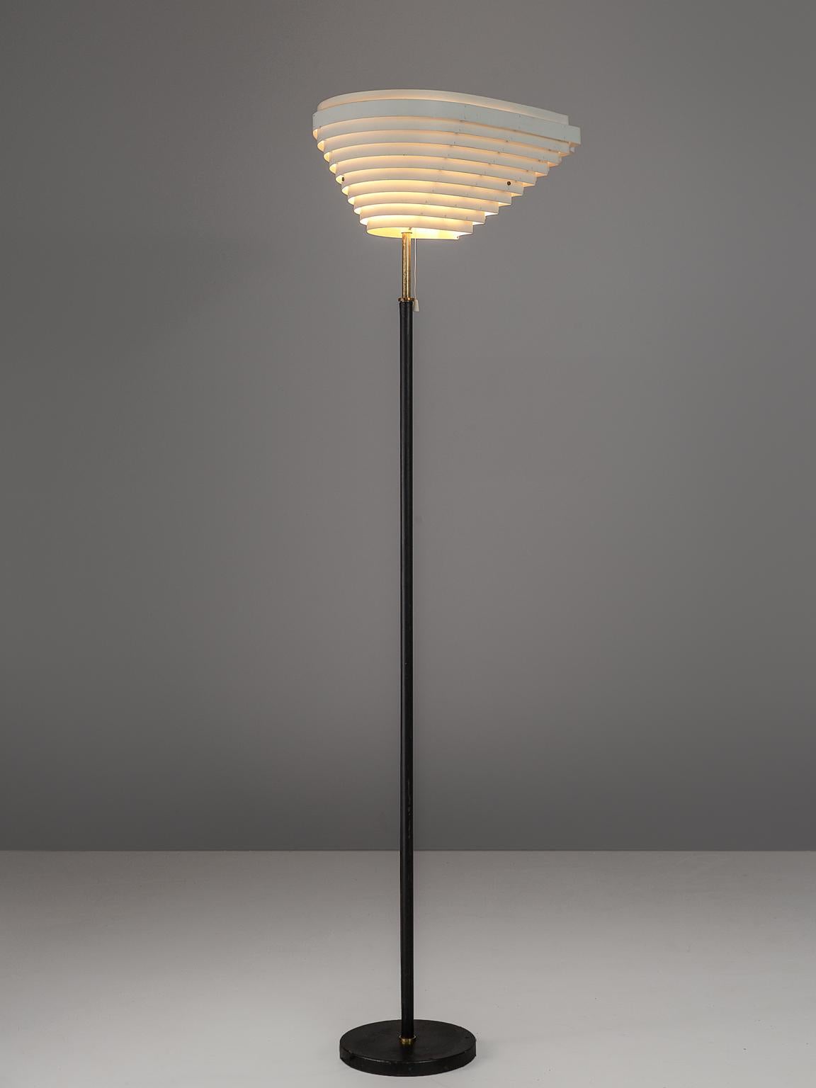 Alvar Aalto, floorlamp model A805 'Angel Wing', in metal, leather and brass, Finland, design 1954, production later. 

Early Angel Wing floor lamp by Alvar Aalto. Originally designed for the National Pensions Institute in Helsinki. The louvered