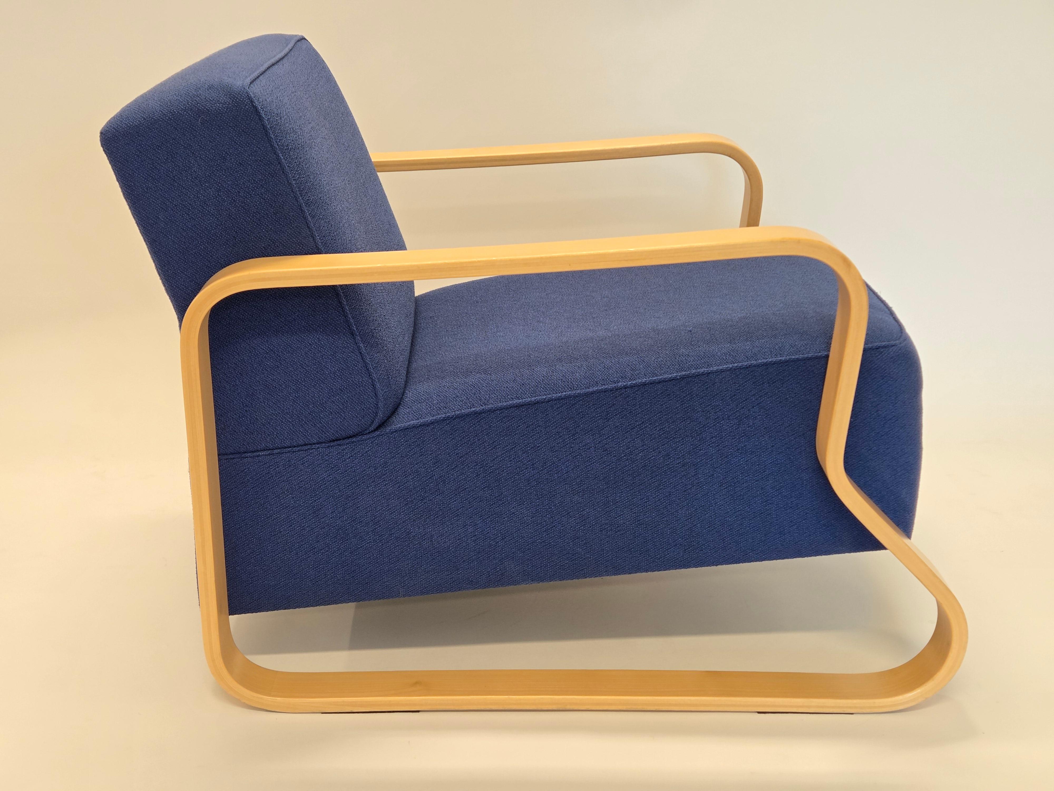 Artek 44 armchair with original blue upholstery. Design by Alvar Aalto. The chair is in really good used condition. Model 44 is not in production any longer and is rare to find.