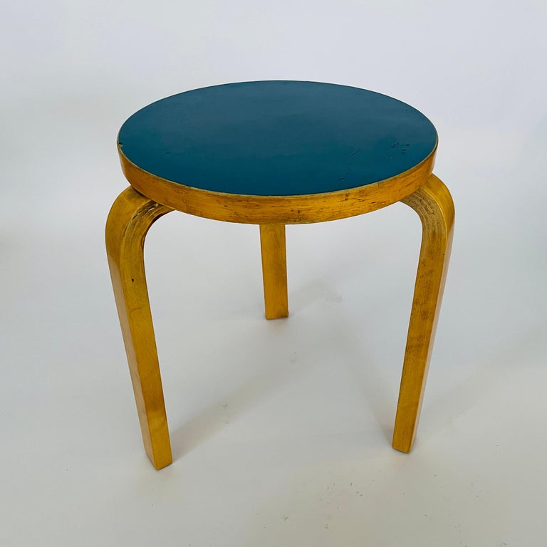 Alvar Aalto Artek Stool 60, Blue Linoleum Top, 1950's at 1stDibs