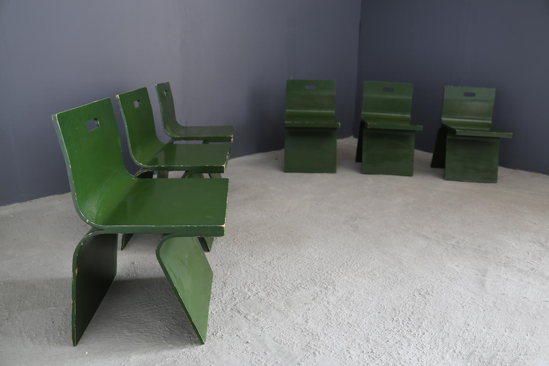 Mid-Century Modern Gigi Sabadin Set of Six Chairs Midcentury in Green Veneered Wood from 1960s
