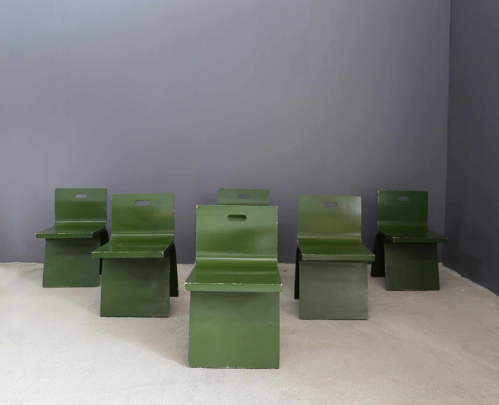 Finnish Gigi Sabadin Set of Six Chairs Midcentury in Green Veneered Wood from 1960s