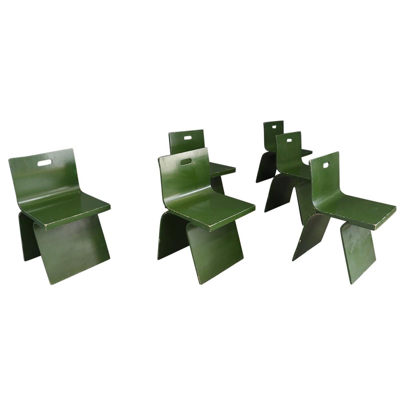 Gigi Sabadin Set of Six Chairs Midcentury in Green Veneered Wood from 1960s