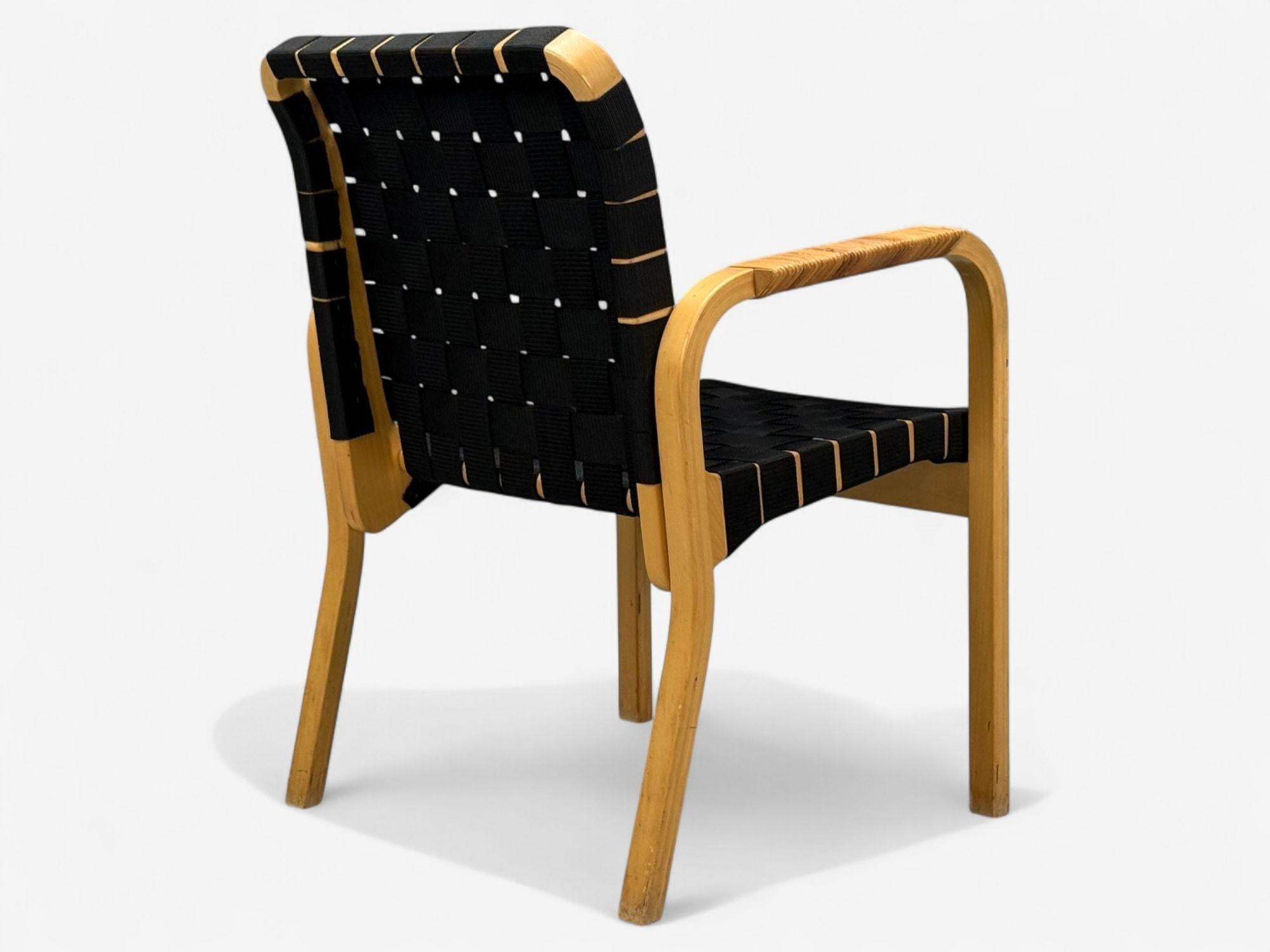 Alvar Aalto, Birch, Rattan, Black Linen Webbing, Armchairs, Finland, 1980s For Sale 4
