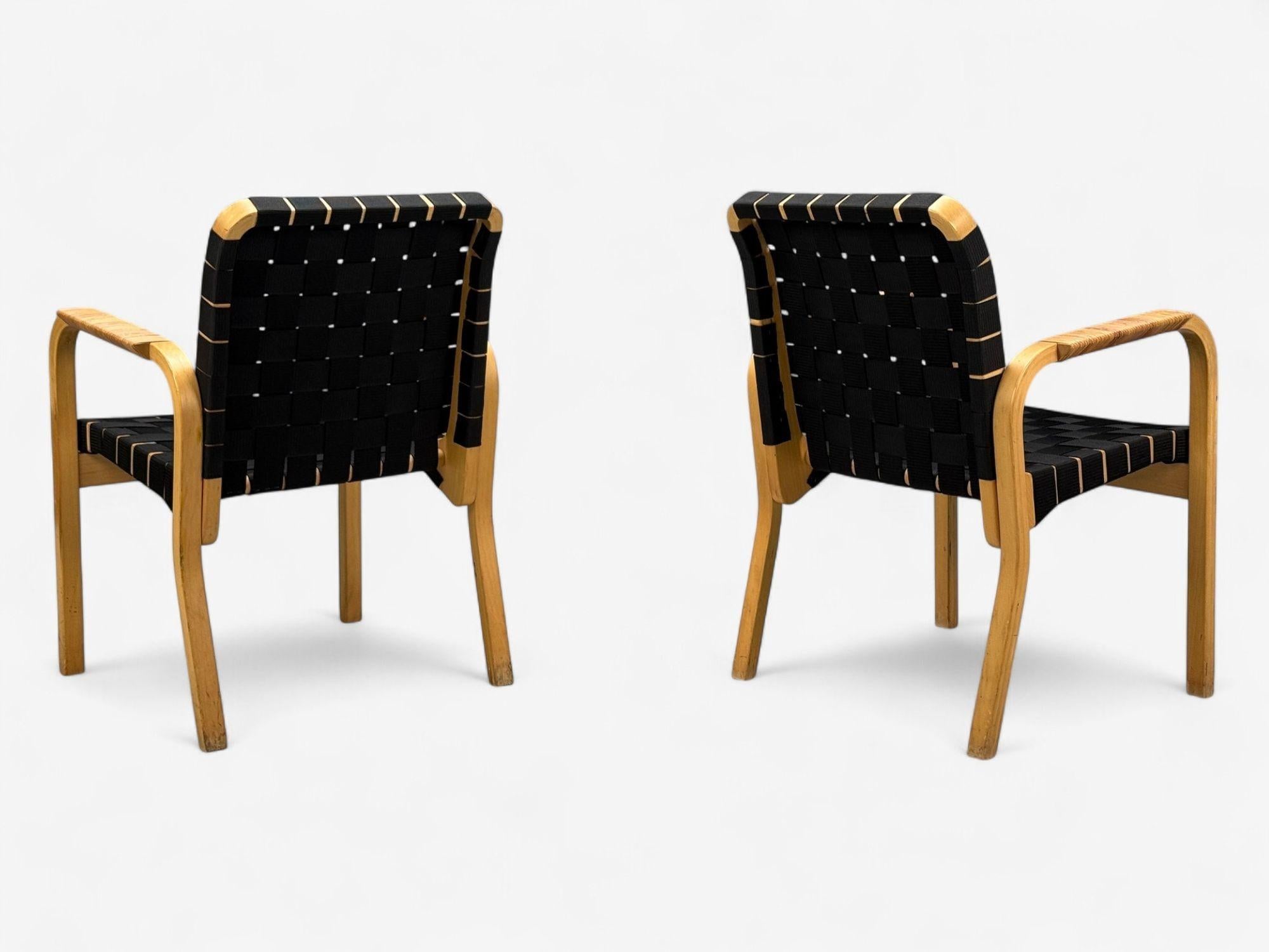 Alvar Aalto, Birch, Rattan, Black Linen Webbing, Armchairs, Finland, 1980s For Sale 6