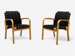 Alvar Aalto, Birch, Rattan, Black Linen Webbing, Armchairs, Finland, 1980s