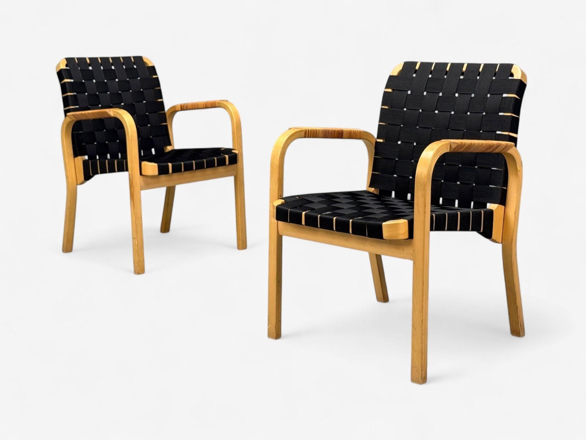 Mid-Century Modern Alvar Aalto, Birch, Rattan, Black Linen Webbing, Armchairs, Finland, 1980s For Sale