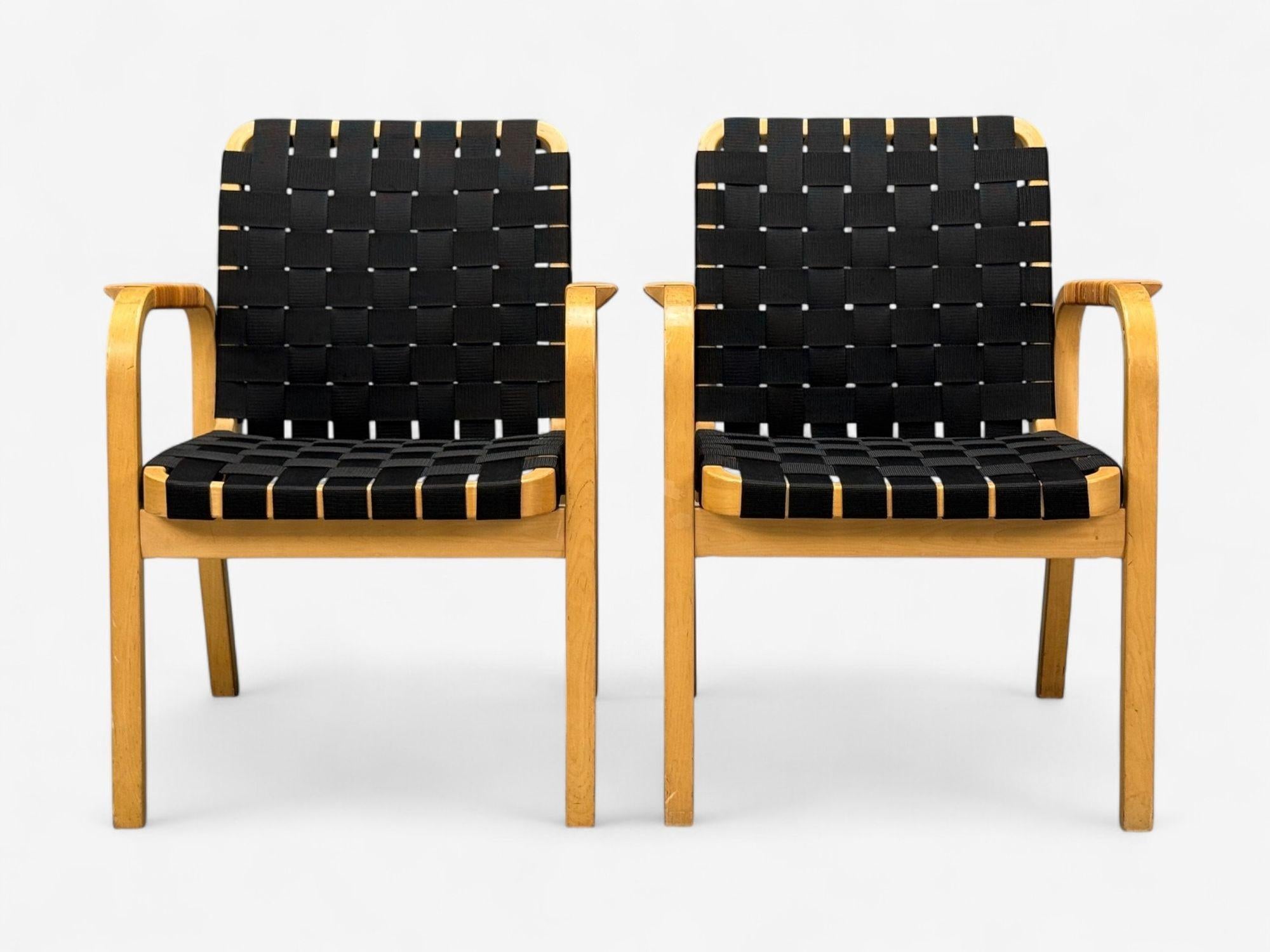 Finnish Alvar Aalto, Birch, Rattan, Black Linen Webbing, Armchairs, Finland, 1980s For Sale